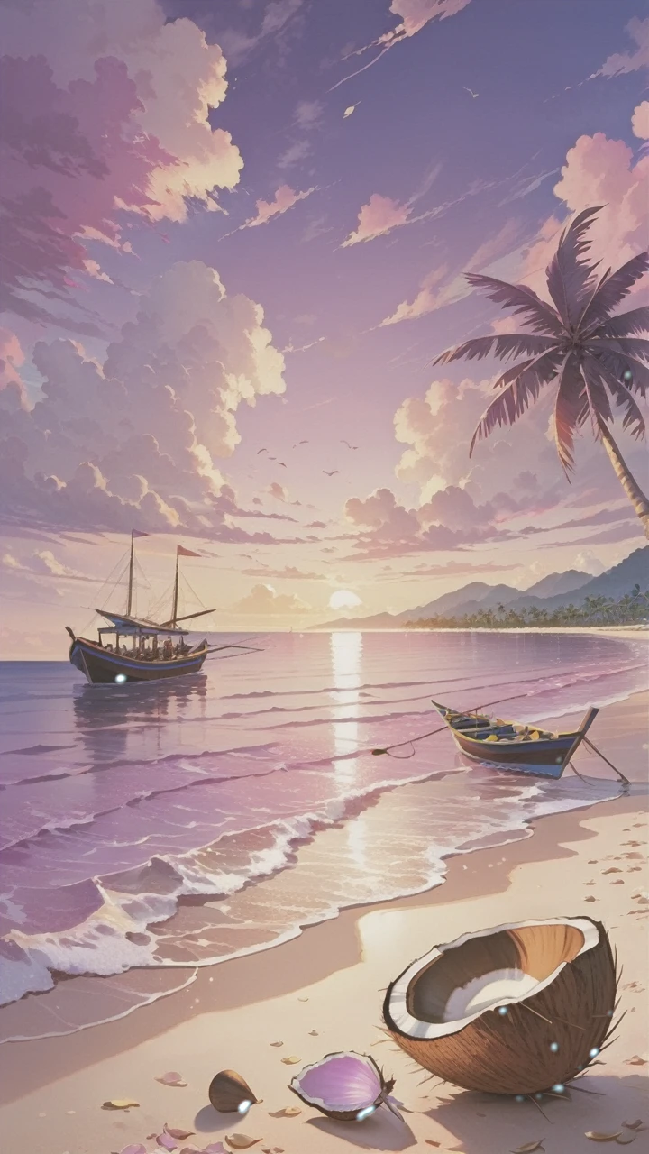 The light pink sea has fishing boats. There is a beach full of coconut shells. The evening sky is pink and purple and yellow. There are a lot of shells missing on the beach. I don&#39;t want coconuts.