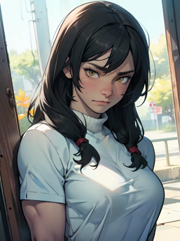 empty eyes embarrassed girl black hair yellow eyes pale skin muscular girl feminine