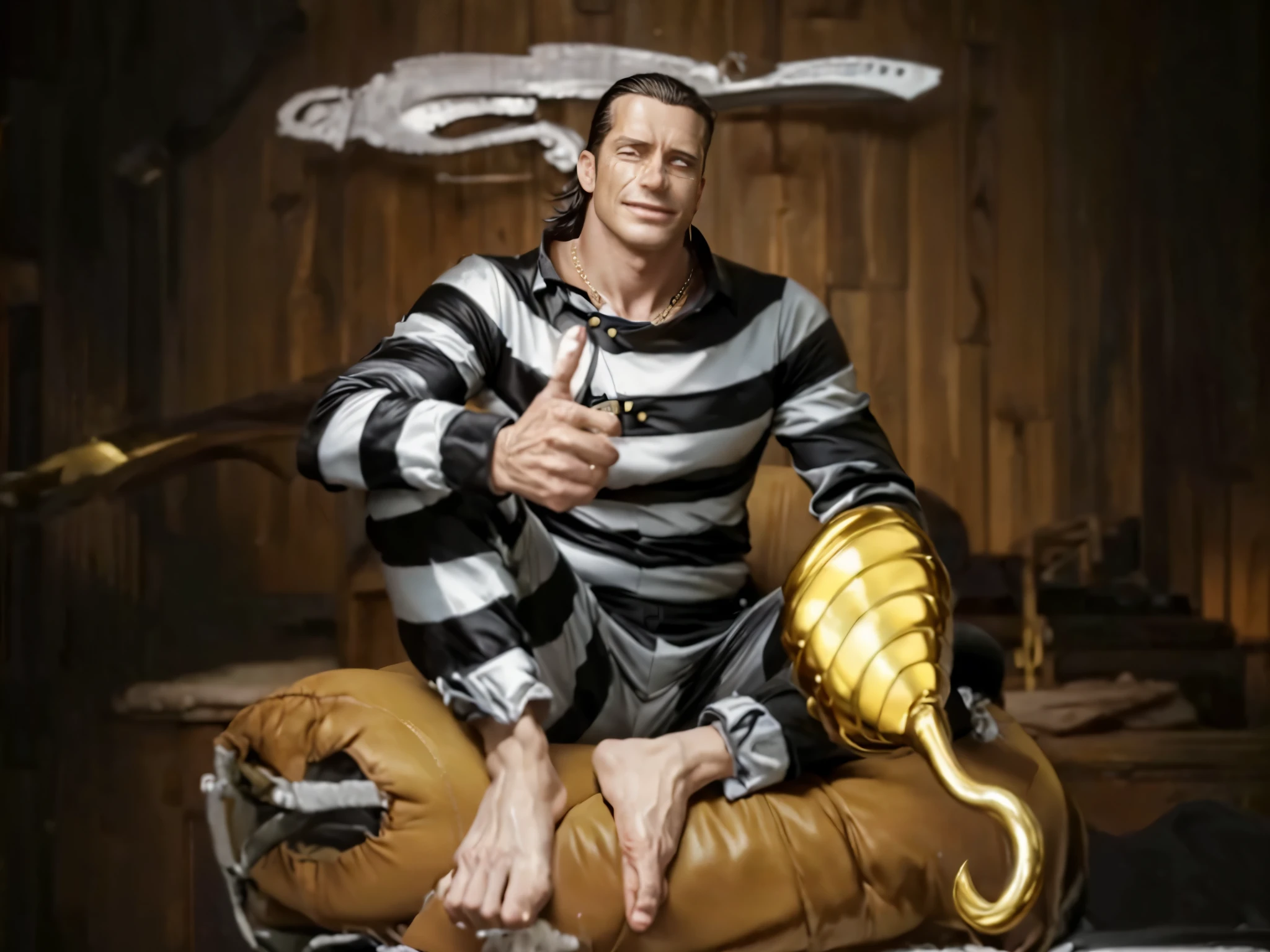 masterpiece, best quality, extremely detailed, hyperrealistic, photorealistic, a cool 40s man, ultra detailed face:1.2, white and black striped jumpsuit:1.2, his left hand is a golden pirate hook:1.1, cigar, sitting, sly smile, from below, black background