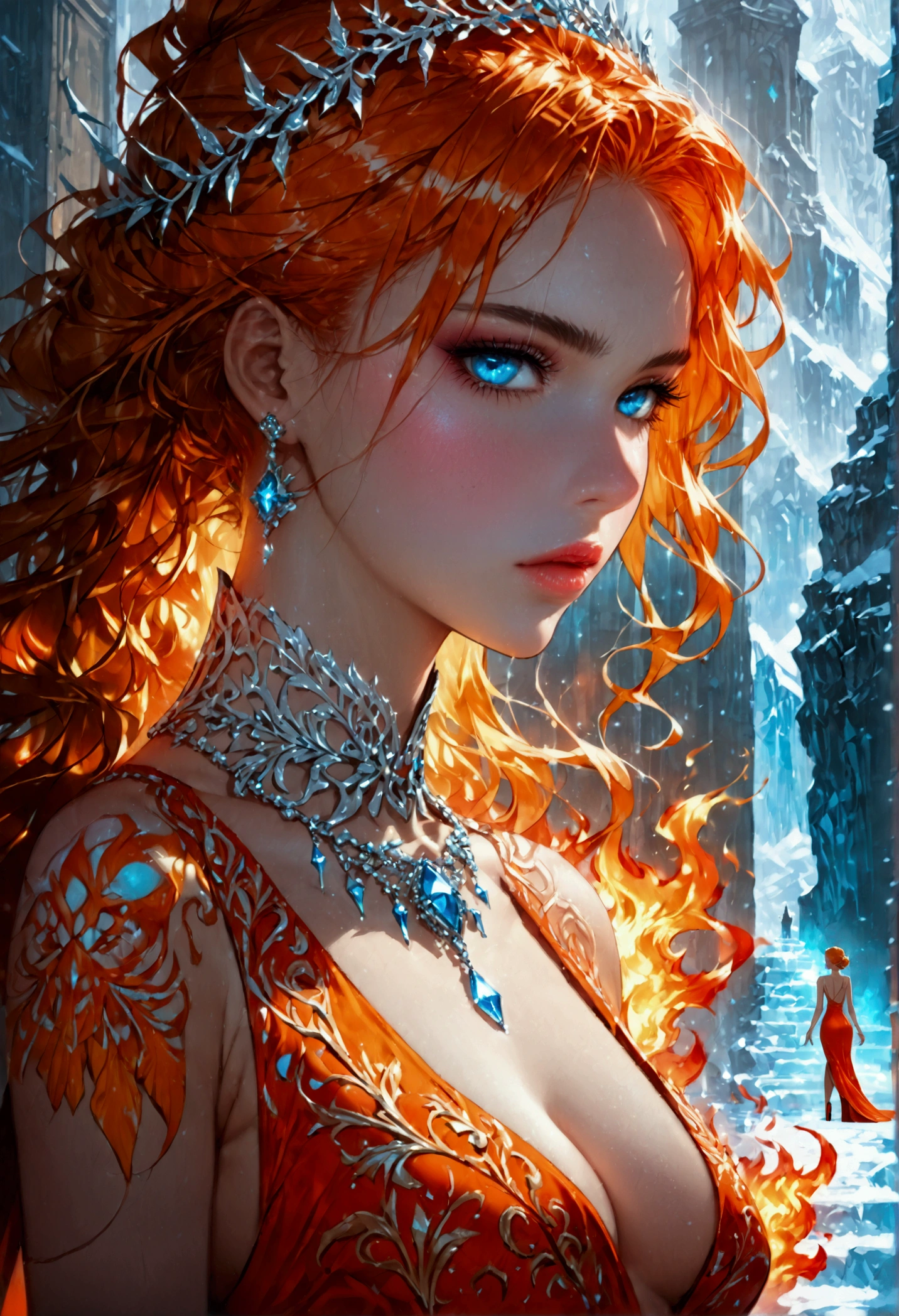 a glamour picture shot, of an elite model covered in fire walking on a icy catwalk, an extraordinary glamourous elite female model, ((full body: 1.5)),  ((anatomically correct: 1.5), (ultra detailed face: 1.2), best detailed face, orange hair, long hair, lush hair, glam hair cut, blue eyes, delicate face, light make up, wearing intricate detailed dress, glamour dress, haute couture dress, elite fashion dress, FireMagicAI,  small cleavage, wearing high heels, elegant high heels, she wears diamond necklace, she is covered in fire, she walks on an icy cat walk, image reflecting in the ice IceMagicAI, elite fashion show background, vibrant, Hyperrealism style, vibrant, Ultra-high resolution, High Contrast, (masterpiece:1.5), highest quality, Best aesthetics), best details, best quality, highres, ultra wide angle, 16k, [ultra detailed], masterpiece, best quality, (extremely detailed) RAW, FireMagicAI, IceMagicAI, 