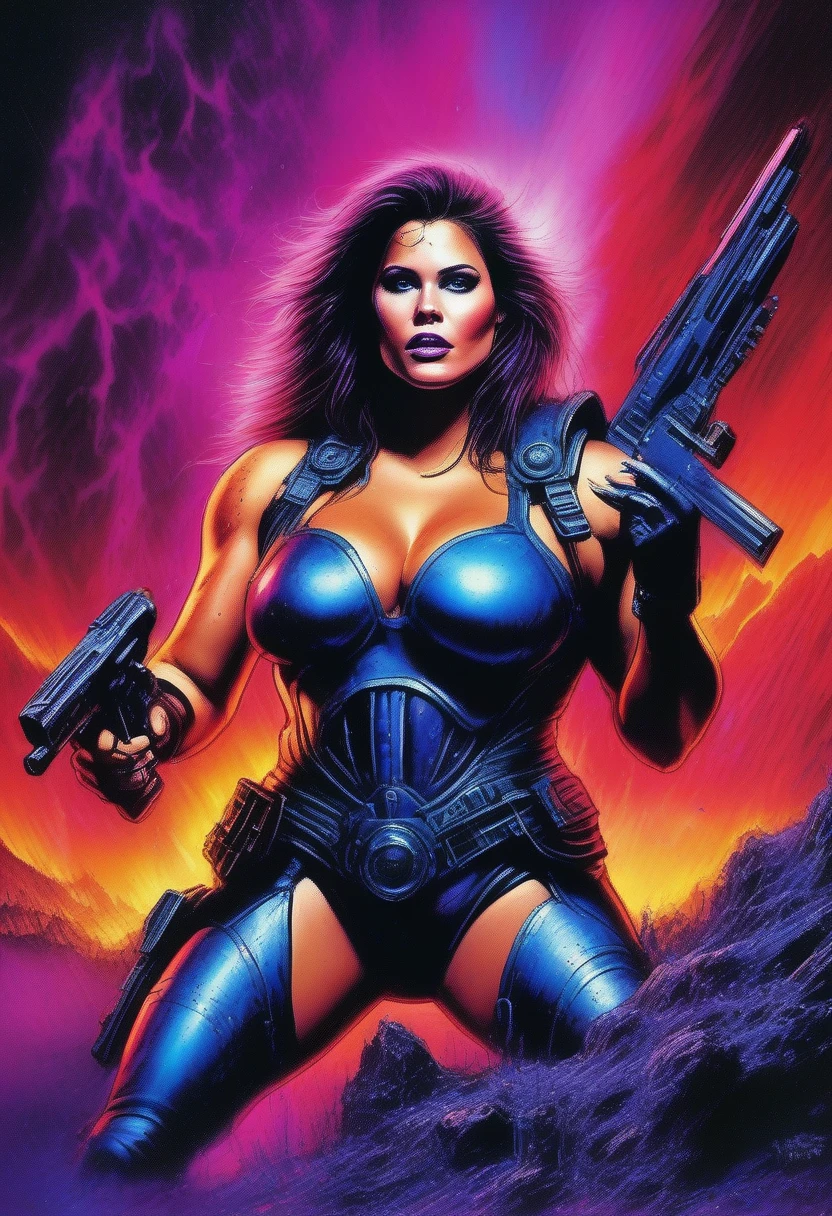 1 barbarian female, heavy metal magazine, blue head girl, sexy lips, space warrior girl, chica cyborg, beautiful bbw girl, chubby girl, Warrior woman, whole body, naked body, Perfect skin, space background, blood rain, dark fantasy, linsner style, Science fiction, 80s, 16 bit game, era VHS, planet in space background, purple lightning, psychedelic color background, fog tóxica, fog, swamp, girl in swamp, crazy max style, vhs tape cover