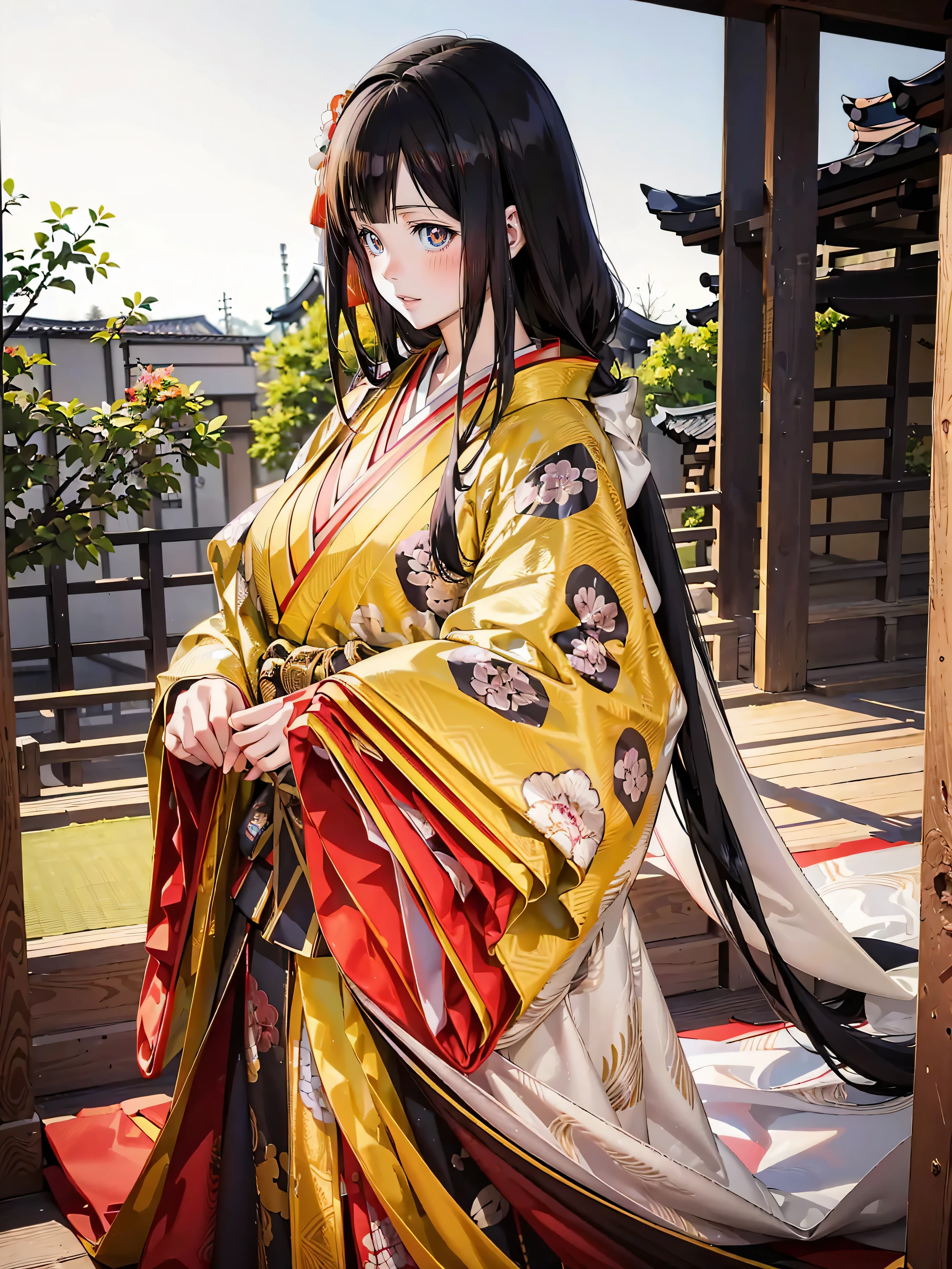 ((ultra detailed, exquisite quality, absolutely resolution)), (anime moe art style), (solo japanese girl:1.3), (Straight long hair, Shiny and glossy black hair:1.3), Karaginu jacket, Long hakama, The cuffs and chest of the five-piece garment, Wearing Imperial Kimono, Imperial Patterns, (huge breasts), (from front), (cowboy shot), (caustics), (sharp focus), (isometric 3D, Octane Render), ((photorealistic background)), 