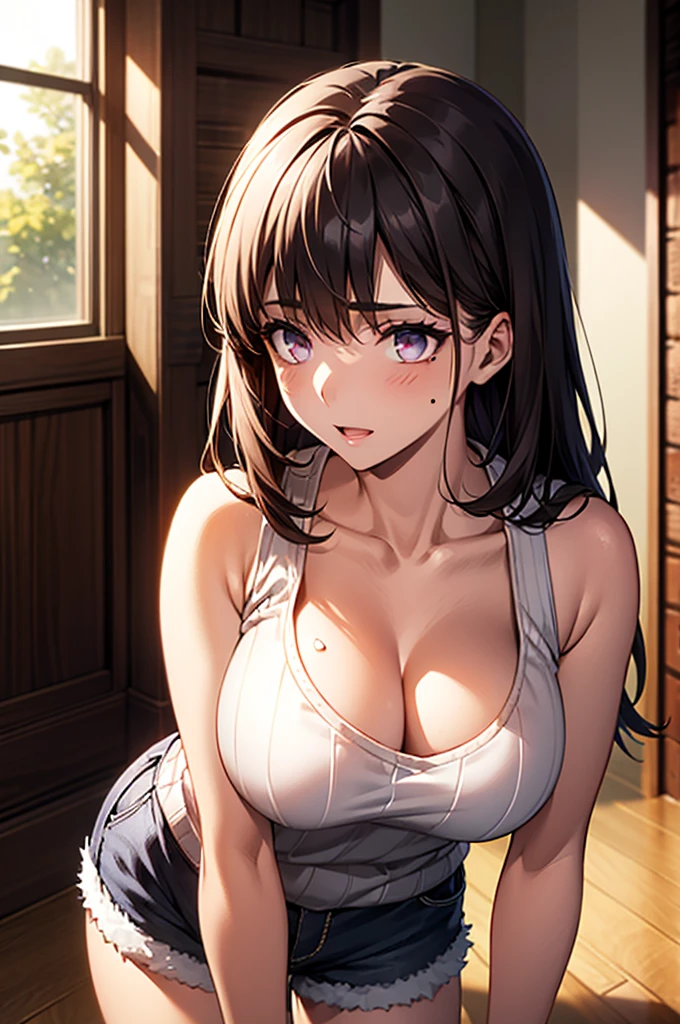 Masterpiece,Highest quality,8k,Ultra-high resolution,appropriate margins,lighting,Depicted from the waist up,BREAK,(1 person),Very beautiful adult woman,Slim body,(The richest big breasts),Deep cleavage,Moisturized Skin,BREAK,(Black Hair),mascara,Red eyeliner,Light pink lip,Thin teak,Thin eyebrows,BREAK,Light purple eyes,Moles in the eyes,BREAK,Bright expression,Open your mouth a little,BREAK,A little long hair,Unshaven,BREAK,(White sleeveless sweater),(Shorts),BREAK,Eye contact
