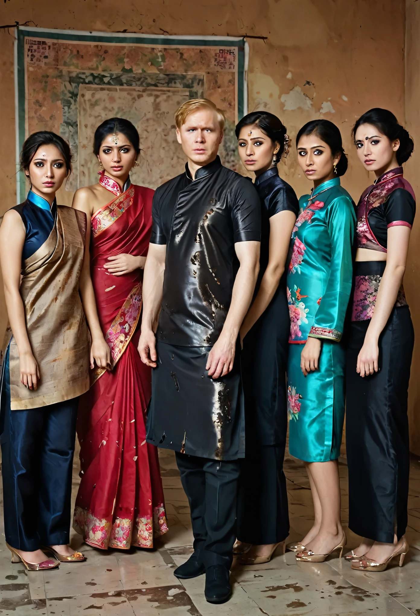 1man, 5girls, A man in the middle surrounded by 5 women, one Indian woman brunette wearing a sari with intricate patterns and vibrant colors, which is slightly dirty and torn, one American redhead twin braid woman dressed in a modern outfit and beaded accessories, with signs of wear and tear; one Chinese woman clad in a qipao (cheongsam) with elegant floral designs, which is dirty and torn in places; one Russian blond woman wearing a tight black shiny outfit, slightly soiled and damaged; and one man dressed formally , showing signs of dirt and wear.They are trapped in a dimly lit room, with their clothing dirty and torn, indicating they have been there for some time. The room is small and confined, with bare walls and a sense of despair. The characters' expressions should reflect their emotional state, capturing a moment of tension and unease. The image should be highly realistic, with detailed textures and lifelike features, dull brownish lighting