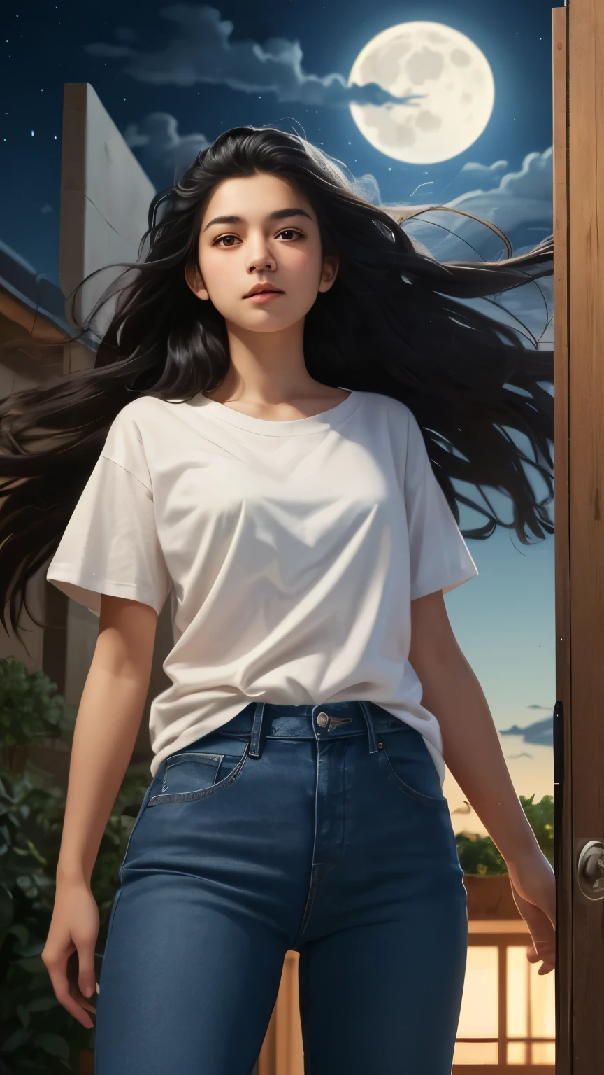 ((best quality)), ((masterpiece)), (detailed), A digital illustration of a long black haired teenage girl opening a door at night with a full moon in the background, with wind blowing her hair and a nervous expression on her face. She is wearing a plain white t-shirt and blue jeans