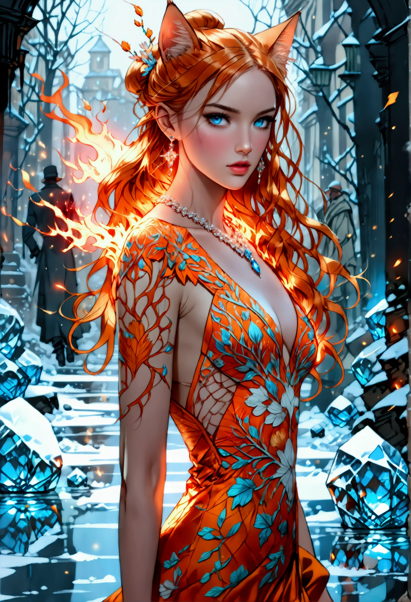 a glamour picture shot, of an elite model covered in fire walking on a icy catwalk, an extraordinary glamourous elite female model, ((full body: 1.5)),  ((anatomically correct: 1.5), (ultra detailed face: 1.2), best detailed face, orange hair, long hair, lush hair, glam hair cut, blue eyes, delicate face, light make up, wearing intricate detailed dress, glamour dress, haute couture dress, elite fashion dress, FireMagicAI,  small cleavage, wearing high heels, elegant high heels, she wears diamond necklace, she is covered in fire, she walks on an icy cat walk, image reflecting in the ice IceMagicAI, elite fashion show background, vibrant, Hyperrealism style, vibrant, Ultra-high resolution, High Contrast, (masterpiece:1.5), highest quality, Best aesthetics), best details, best quality, highres, ultra wide angle, 16k, [ultra detailed], masterpiece, best quality, (extremely detailed) RAW, FireMagicAI, IceMagicAI, Dark Art Painting Style