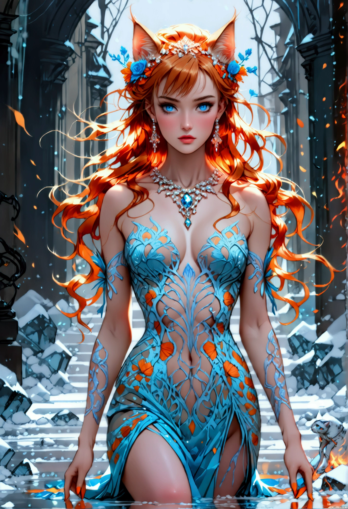 a glamour picture shot, of an elite model covered in fire walking on a icy catwalk, an extraordinary glamourous elite female model, ((full body: 1.5)),  ((anatomically correct: 1.5), (ultra detailed face: 1.2), best detailed face, orange hair, long hair, lush hair, glam hair cut, blue eyes, delicate face, light make up, wearing intricate detailed dress, glamour dress, haute couture dress, elite fashion dress, FireMagicAI,  small cleavage, wearing high heels, elegant high heels, she wears diamond necklace, she is covered in fire, she walks on an icy cat walk, image reflecting in the ice IceMagicAI, elite fashion show background, vibrant, Hyperrealism style, vibrant, Ultra-high resolution, High Contrast, (masterpiece:1.5), highest quality, Best aesthetics), best details, best quality, highres, ultra wide angle, 16k, [ultra detailed], masterpiece, best quality, (extremely detailed) RAW, FireMagicAI, IceMagicAI, Dark Art Painting Style