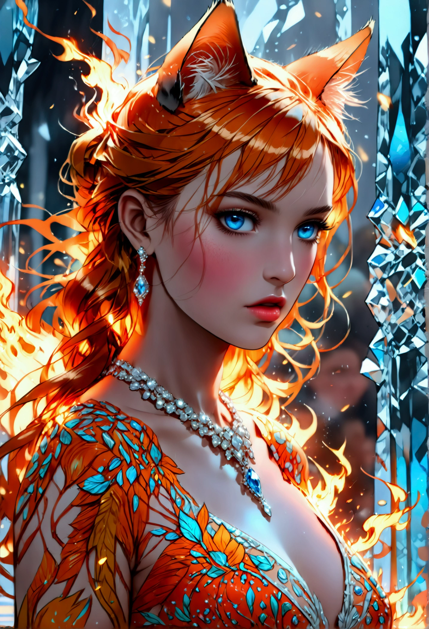 a glamour picture shot, of an elite model covered in fire walking on a icy catwalk, an extraordinary glamourous elite female model, ((full body: 1.5)),  ((anatomically correct: 1.5), (ultra detailed face: 1.2), best detailed face, orange hair, long hair, lush hair, glam hair cut, blue eyes, delicate face, light make up, wearing intricate detailed dress, glamour dress, haute couture dress, elite fashion dress, FireMagicAI,  small cleavage, wearing high heels, elegant high heels, she wears diamond necklace, she is covered in fire, she walks on an icy cat walk, image reflecting in the ice IceMagicAI, elite fashion show background, vibrant, Hyperrealism style, vibrant, Ultra-high resolution, High Contrast, (masterpiece:1.5), highest quality, Best aesthetics), best details, best quality, highres, ultra wide angle, 16k, [ultra detailed], masterpiece, best quality, (extremely detailed) RAW, FireMagicAI, IceMagicAI, Dark Art Painting Style