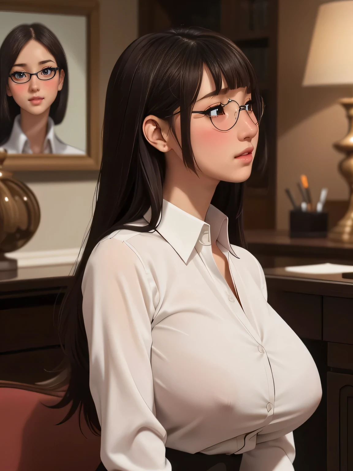 (highres, high quality:1.3), intricate details, cinematic lighting, sharp focus, depth of field,
KuroseKatsuko, 1girl, solo, full body, side view, mature female
Long hair , makeup, lipstick, eyelashes, brown eyes, detailed eyes, glasses, perfect face, cute nose, beautiful face, perfect face, illuminated face, thick lips, blushes, symmetrical face, beautiful detailed face, human ears, seductive, pleasure expression, orgasm expression,
Buttoned up blouse, black pants, tight clothes,
huge breasts, hourglass figure, big breasts, huge breasts, large breasts, very slim stomach, thin belly, buttoned up blouse, blouse collar buttoned, all buttons fastened on blouse