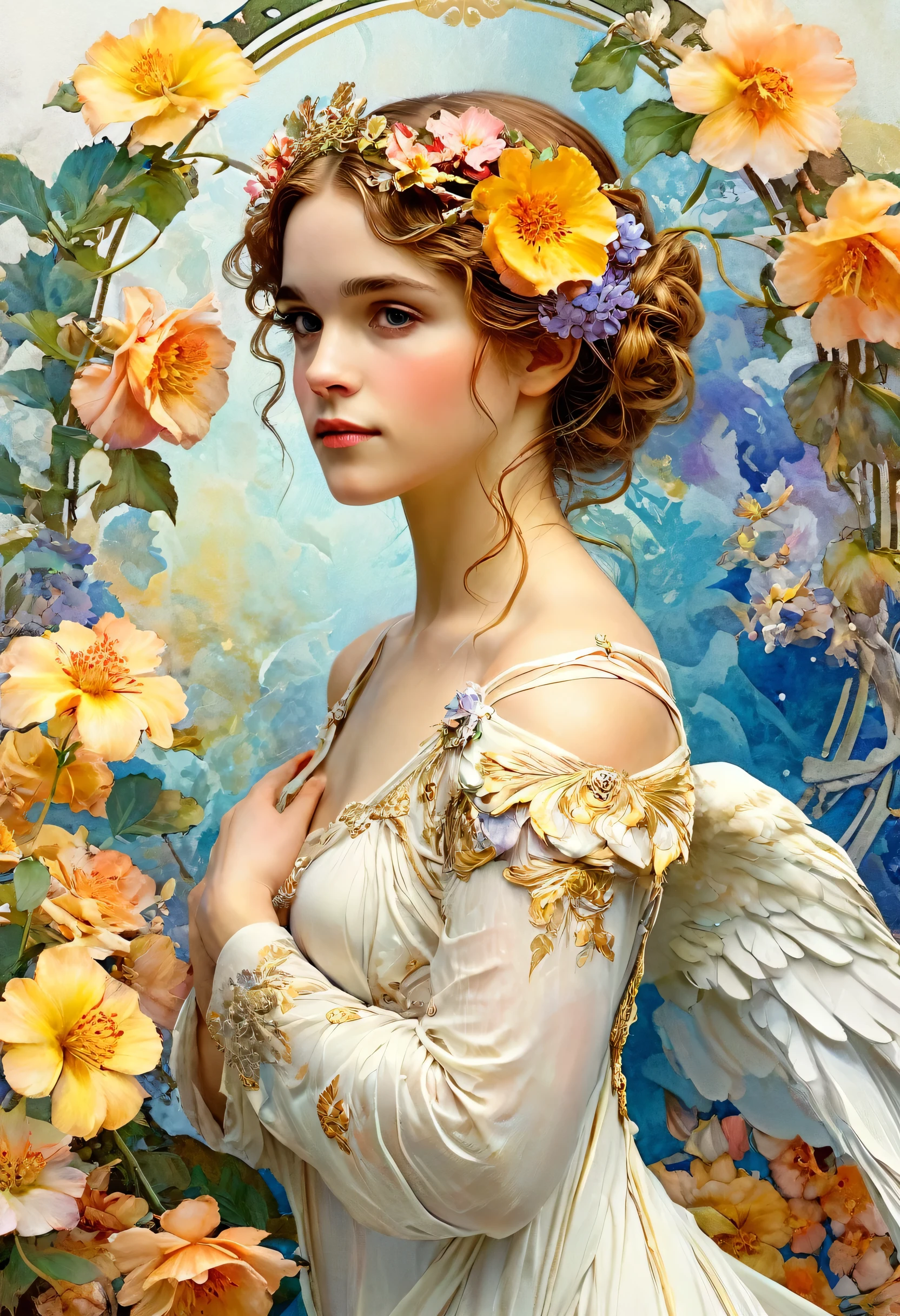 Depicts a beautiful angel woman(Abundia) with flowers in her hair, Emma Watson, highly detailed watercolor painting, style by Alfons Maria Mucha and Gustav Kirmut, Art Nouveau details, etheric being, Anthropomorphic woman, Female figure, Detailed cover art, How the Goddess of Flowers, Alphonse Mucha, Gustav Klimt, Pale skin, Marble sculpture, society, Gothic art, Art Nouveau, Behance contest winner