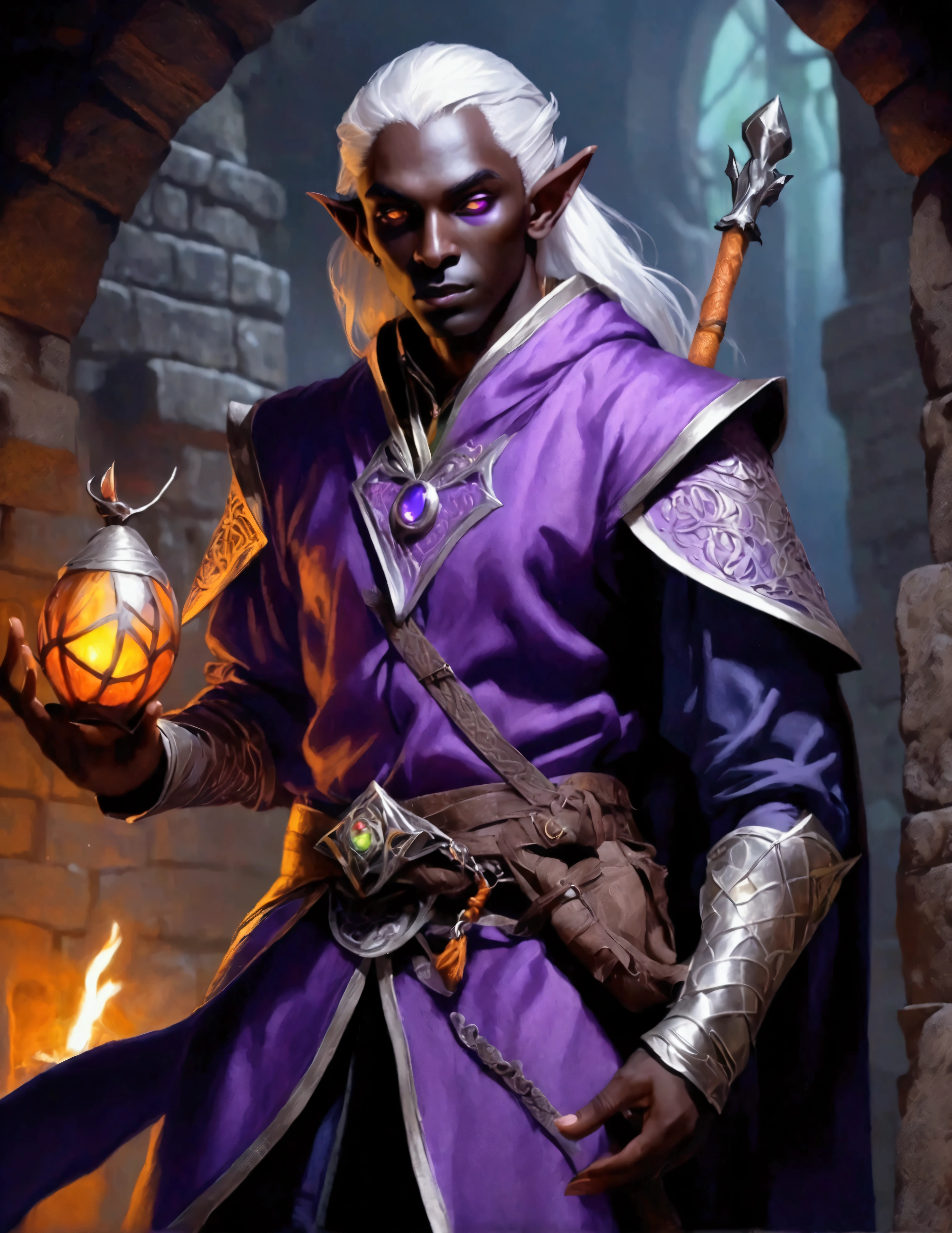 (Drow Elf Male)(Night black skin, evil wizards robes with intricate embroidery, adventuring sacks and pouches, violet eyes, silver hair, magical bag on hip, one handed crossbow, sword in scabbard) look of contempt on his face, posing in a dungeon, viewer is not a worthy foe