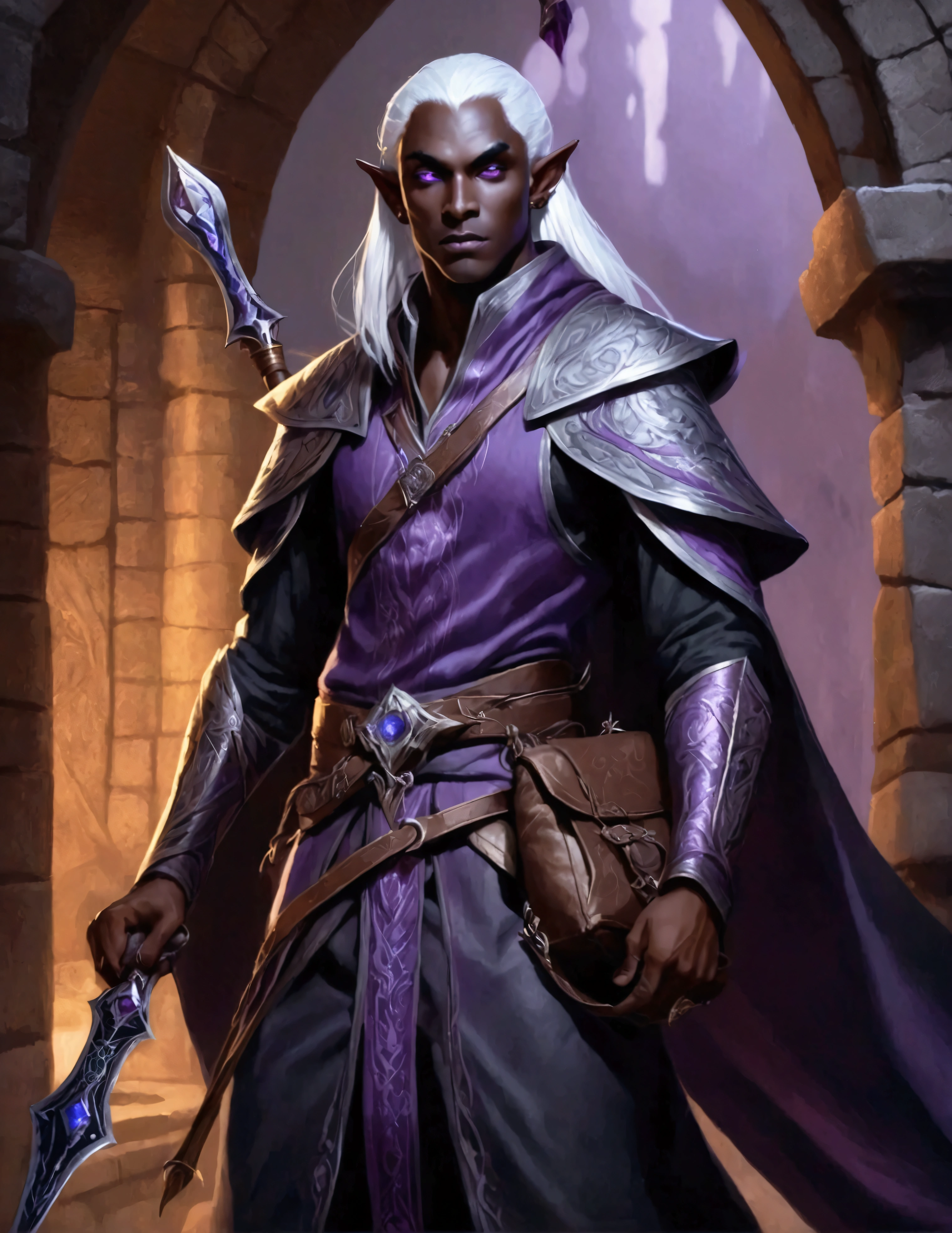 (Drow Elf Male)(Night black skin, evil wizards robes with intricate embroidery, adventuring sacks and pouches, violet eyes, silver hair, magical bag on hip, one handed crossbow, sword in scabbard) look of contempt on his face, posing in a dungeon, viewer is not a worthy foe