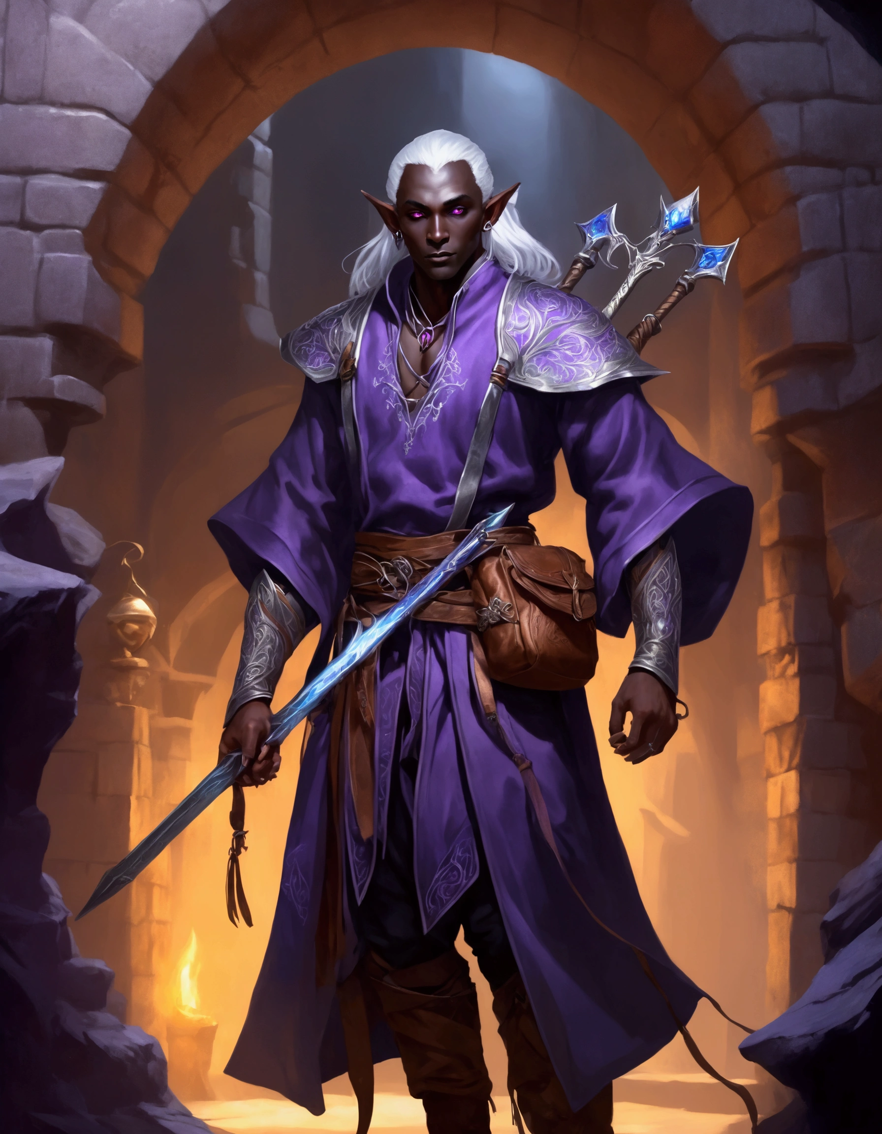 (Drow Elf Male)(Night black skin, evil wizards robes with intricate embroidery, adventuring sacks and pouches, violet eyes, silver hair, magical bag on hip, one handed crossbow, sword in scabbard) look of contempt on his face, posing in a dungeon, viewer is not a worthy foe
