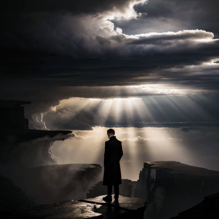 "Picture a lonely man in dark colors, standing on the edge of a cliff, looking down into the abyss. The man is dressed in a dark coat, his hair blowing in the wind. Around him is a bleak, foggy landscape, with bare trees in the background. The sky is covered with thick gray clouds, creating the feeling of a storm approaching. There is a faint light on the horizon in the distance, symbolizing a glimmer of hope. Use contrasting colors and dramatic lighting to enhance the emotional impact."
Steps to create an image:
Man in Dark Colors: The main element is a lone man in a dark coat standing on the edge of a cliff, his hair blowing in the wind.
Gloomy Landscape and Fog: The person is surrounded by a foggy landscape with bare trees in the background, creating an atmosphere of isolation and despair.
Thick Gray Clouds: The sky is covered with thick gray clouds, adding to the feeling of an impending storm.
Faint Light on the Horizon: There is a faint light on the horizon breaking through the clouds, symbolizing hope.
Contrasting Colors and Lighting: Use strong contrasts between light and shadow to create a dramatic effect and attract attention.