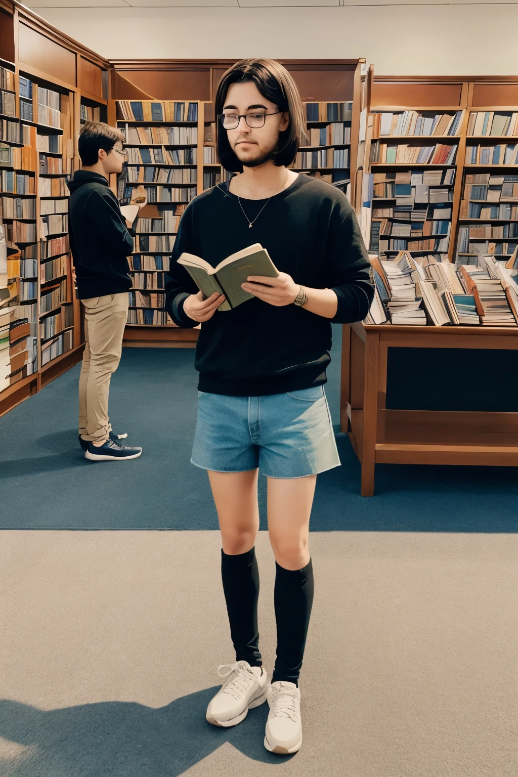 Create an image where people are standing and reading books in cartoon style