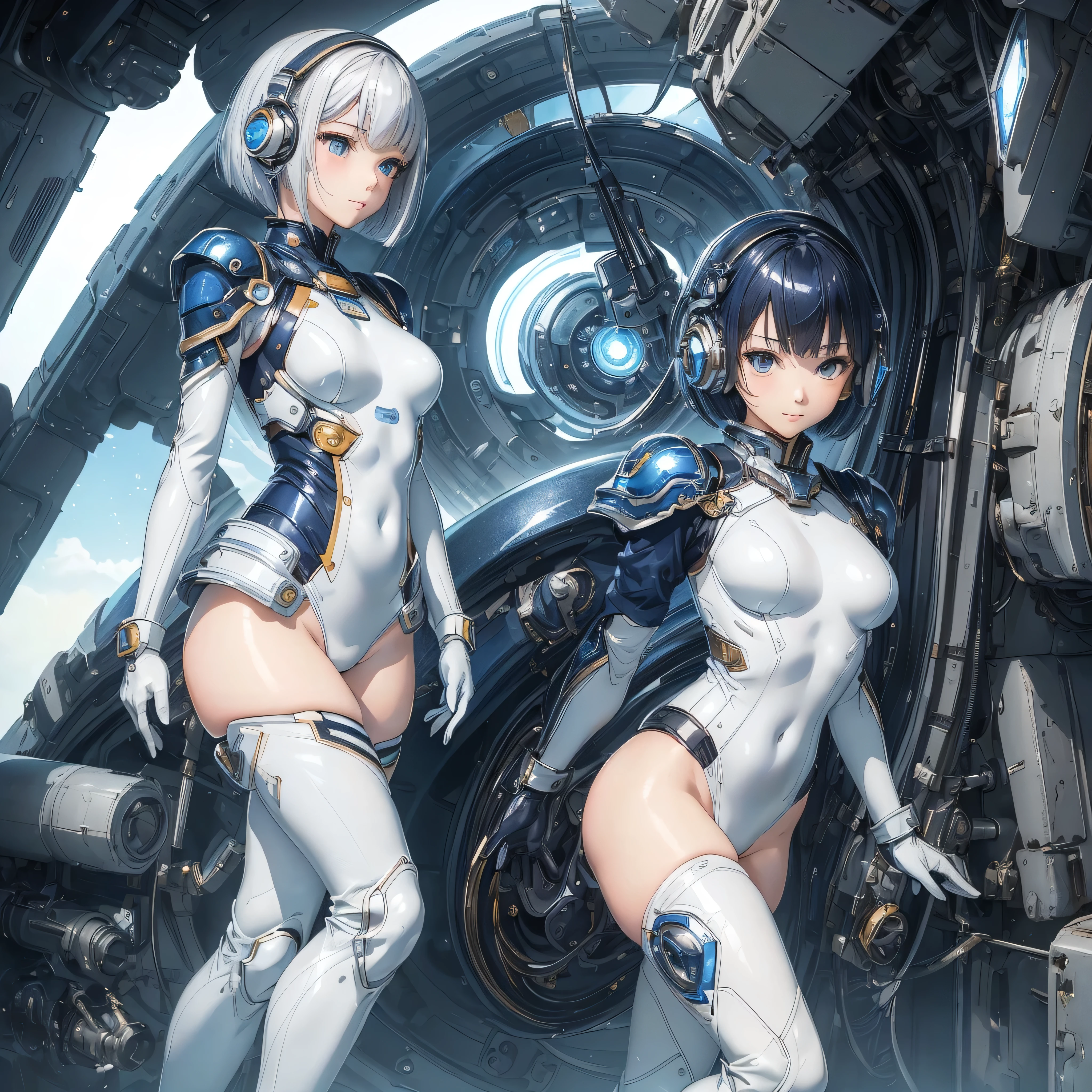 (masterpiece、Highest quality、Highest Resolution、Clear_image、Detailed details): (Whole body、One 20 year old girl、Japanese Faces、Small Face、Slender、Navy blue super short bob cut hair、(Hidden small breasts:1.3)、Sparkling blue eyes、Shiny pilot suit in white, blue and black colors、Chest protection armor、Tight fitting clothes、Clothing that covers the whole body、Glamorous clothes、Tight Fit Pants、Hide your skin、Very delicate and beautiful、Detailed Skin、hide thighs、Hide your ass、Cute、A gentle smile、Soft expression、heroine、headset、Knee-high boots、Elbow-length gloves、Eye Level Shot、Face directly、Woman on a spaceship)