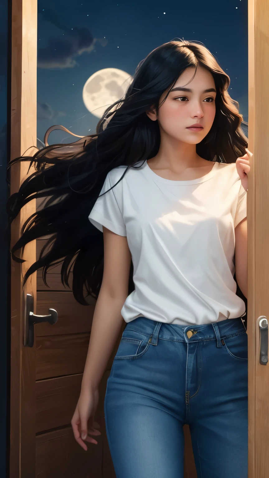 ((best quality)), ((masterpiece)), (detailed), A digital illustration of a long black haired age girl opening a door at night with a full moon in the background, with wind blowing her hair and a nervous expression on her face. She is wearing a plain white t-shirt and blue jeans