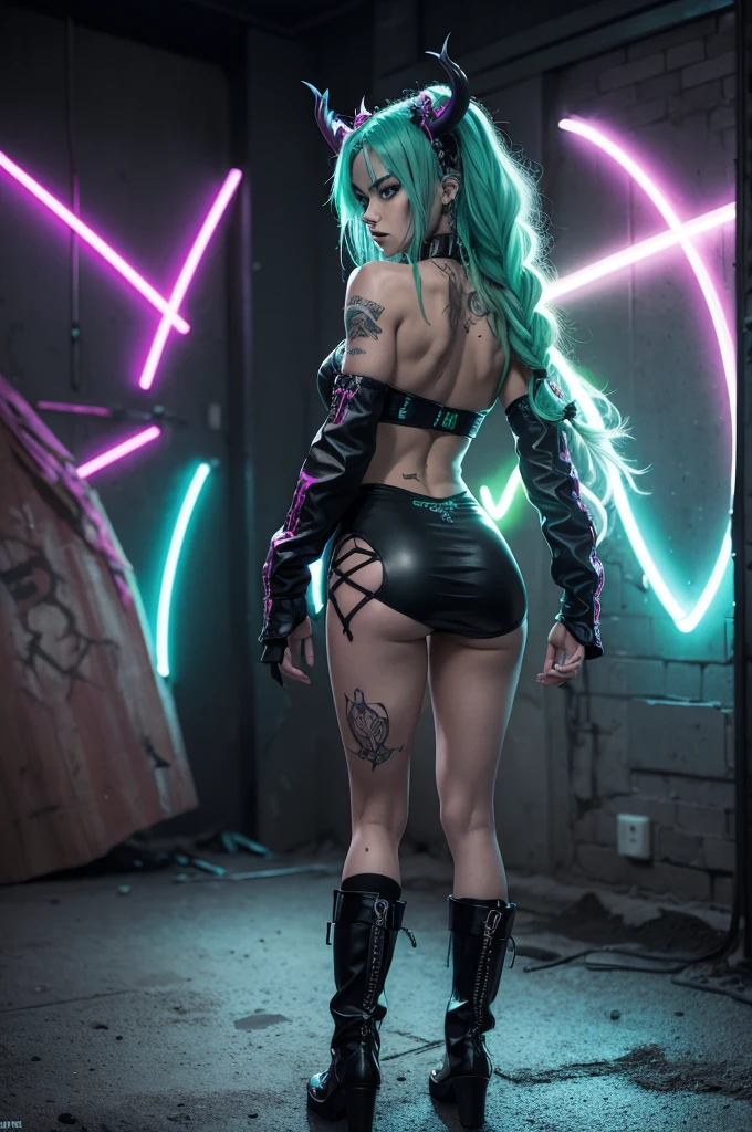 anime styling, western comix style, radioactive, neon green and neon aqua color scheme, violet neon lights,  Ablaze, bad punk girl, multicolored hair, bombastic hair, Broad Hips, slender hourglass figure, narrow waisted, (demonic, hellish, evil:1.25), (whole body:1), loose curls, antlers, from behind, knee high boots, demonic tattoos creepy lighting, Creation of Hell,  muscular, caucasiano, (in the sulferic apartments:1.2), counterpoint, in a nice, Korean runner, bombastic hair, platinum hair, Viking braids,long braided hair low, card pose