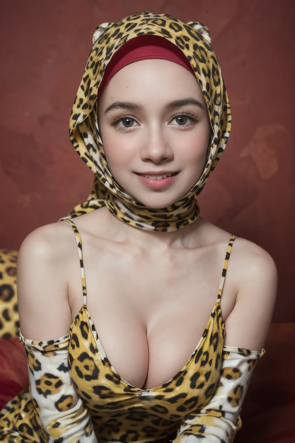 Very cute like a baby face, ((Stylish Hijab)), adorable, 1 girl, 10 years old, baby face, shy, half body portrait,smile,  (face details: 1), (eye details: 1), ((round large breasts, cleavage)). Cute posed. proportional body. Ultra High Res. realistic: 1.4, UHD, ((leopard pattern))