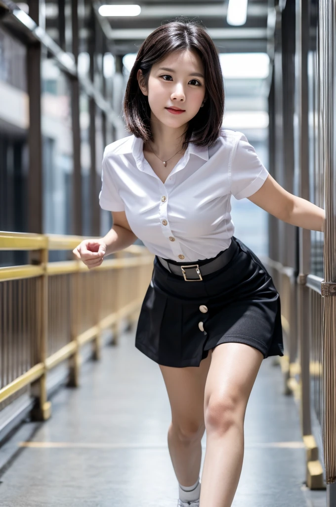 1 girl, walking and reaching the camera from the floor:1.4, look at camera:1.3, thai university uniform, white short-sleeve button up shirt:1.2, black tight mini skirt:1.2, brown suede belt:1.2, metal plate belt buckle:1.2, metal shirt buttons:1.2, white sneakers:1.2, black bob hair:1.2, low angle shot:1.4, upper body shot:1.2, masterpiece, best quality, high resolution, 8k, high detailed, face detailed, cinematic lighting, dynamic pose, long exposure, slim and perfect figure, perfect body proportion