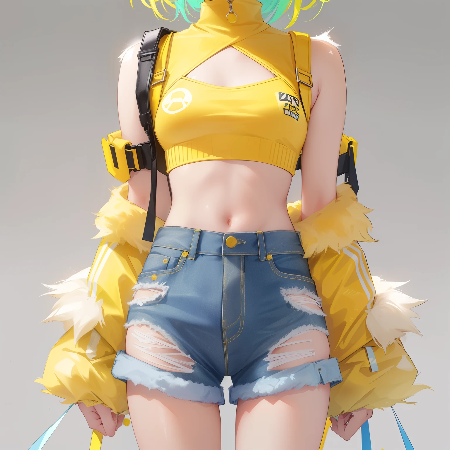 a close up of a girl wearing a yellow sweater and denim shorts, yellow fur, rave outfit, wild rave outfit, yellow fur explodes, cute rave outfit, y2k style, y 2 k style, y 2 k fashion, bold rave outfit, bra and shorts streetwear, 