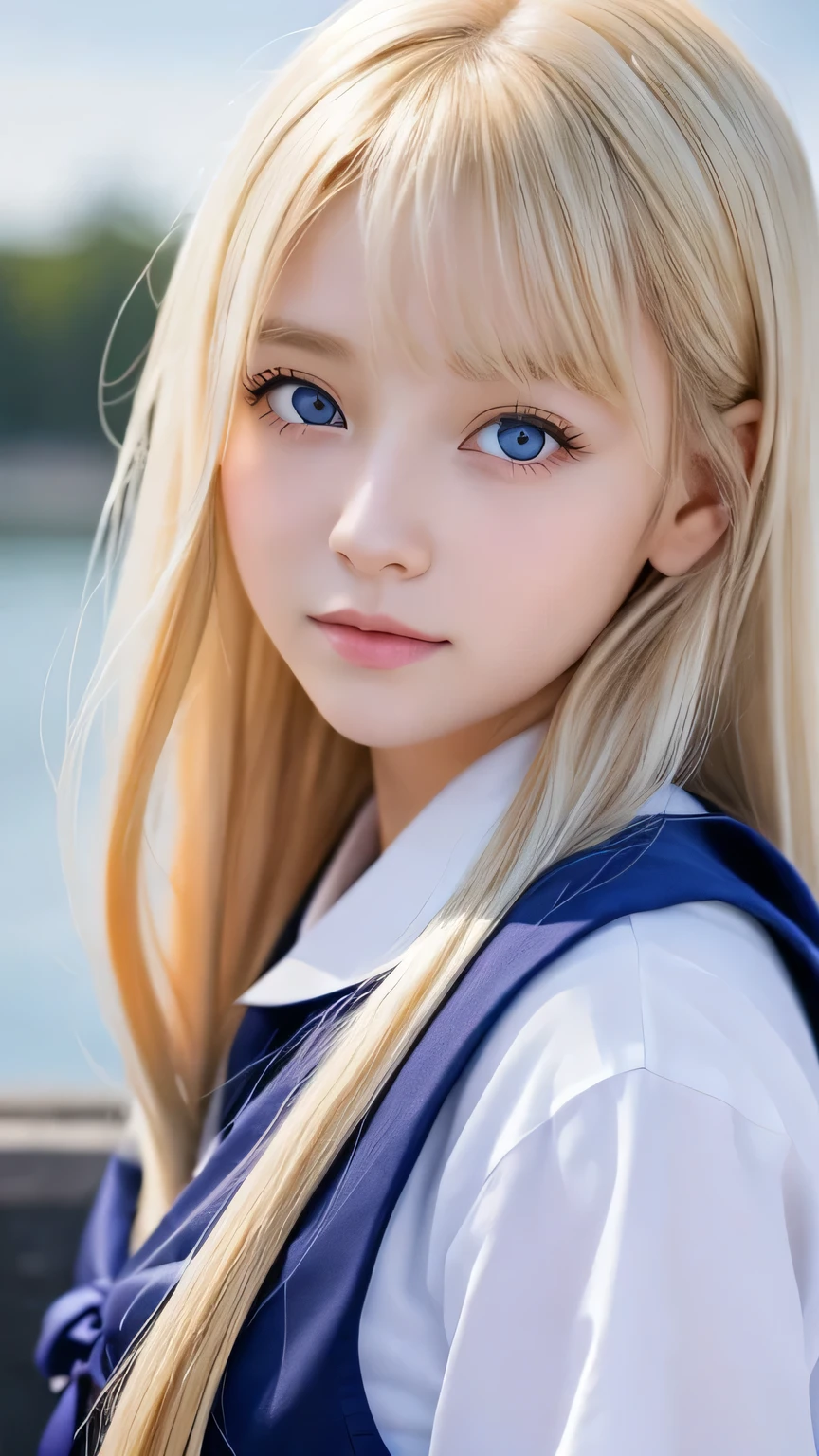 Bust Shot、The most beautiful girls of Nordic、Beautiful, lustrous silk skin that shines white like snow、、Adorable cute beautiful face、(Bright expression)、Beautiful eyes and shiny blonde hair between the eyes、Beautiful big pale blue eyes covered with bangs、Cute beautiful young woman。Golden, bright, straight, platinum blonde, silky, super long hair、A beautiful girl who looks good in a Japan sailor suit