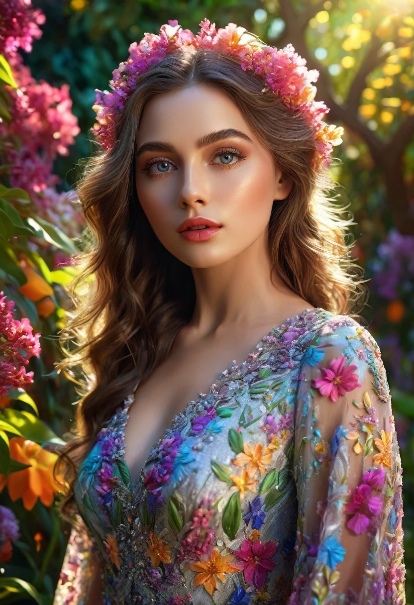 1girl, beautiful detailed eyes, beautiful detailed lips, extremely detailed face and features, long eyelashes, elegant flowing dress, standing in a vibrant colorful garden, magical glowing flowers, sunlight streaming through the trees, (best quality,4k,8k,highres,masterpiece:1.2),ultra-detailed,(realistic,photorealistic,photo-realistic:1.37),cinematic lighting,dramatic shadows,vivid colors,detailed texture,lush detailed foliage,fantasy,magical realism,surreal,dreamlike