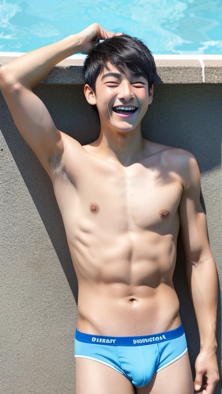 Japanese men、、Muscles and smooth skin、Swimmers、Short black hair、I look down, dazzled、Relaxed and friendly smile、Light blue thin boxer briefs、The whole body is visible、Laughing with your mouth open、