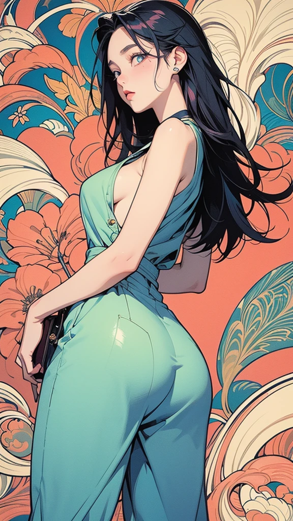 Murakami Takashi style, (((Colorful Art Nouveau background))), amazing, best quality, vector art, stylish design, ((Most beautiful girl ever)), (((Best quality))), HDR, ((Details)), ((Masterpiece)), ((Super detailed)), ((Delicate eyes, detailed eyes, best eyes ever, beautiful eyes, big eyes, profile, downcast face))(Colorful two-tone hair, shiny hair, beautiful hair), (Beautifully shaped breasts), ((Sleeveless jumpsuit with straw bag)), (((Close-up from below, composition from knee to head)))