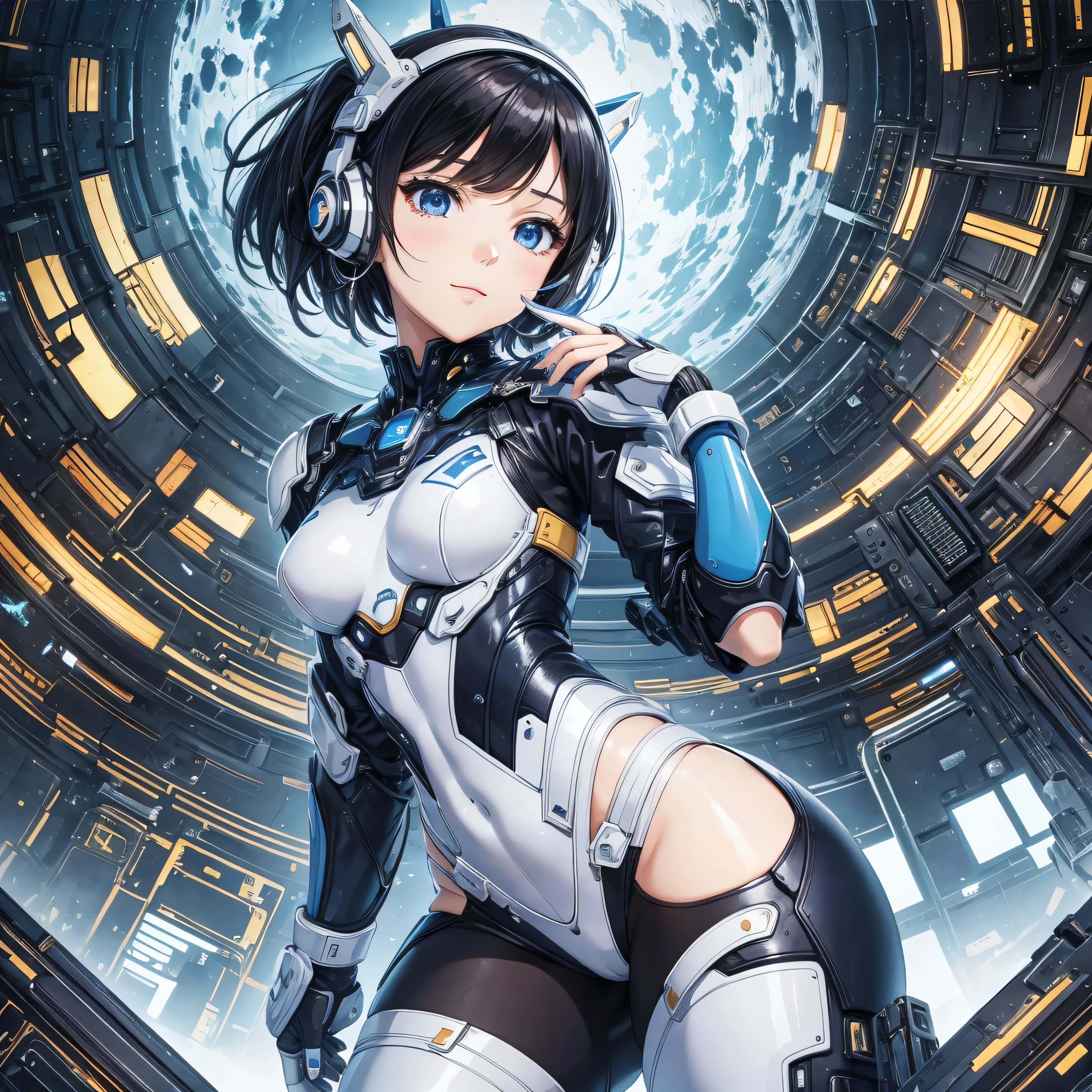 (masterpiece、Highest quality、Highest Resolution、Clear_image、Detailed details): (Whole body、One 20 year old girl、Japanese Faces、Small Face、Slender、Navy blue super short bob cut hair、(Hidden small breasts:1.3)、Sparkling blue eyes、Shiny pilot suit in white, blue and black colors、Chest protection armor、Tight fitting clothes、Clothing that covers the whole body、Glamorous clothes、Tight Fit Pants、Hide your skin、Very delicate and beautiful、Detailed Skin、hide thighs、Hide your ass、Cute、A gentle smile、Soft expression、heroine、headset、Knee-high boots、Elbow-length gloves、Eye Level Shot、Peace talks between warring factions,attention arousal, smart blue eyes,Face directly、Woman on a spaceship)
