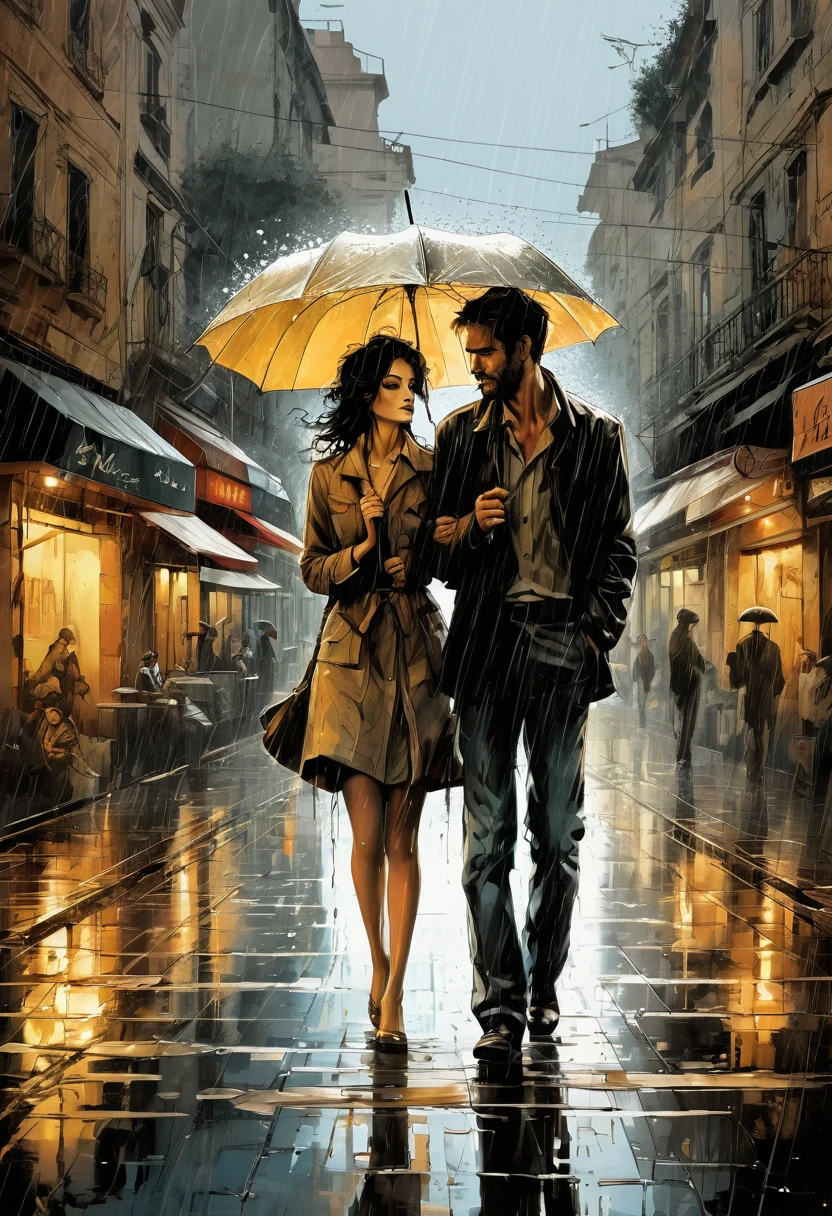 a digital wallpaper, I remember the time we were in love, muted colors, dramatic composition, nostalgic, digital painting, rainy, emotionally profound, leaving an indelible and haunting impression on psyche, unforgettable, very intricate, by Milo Manara and Russ Mills