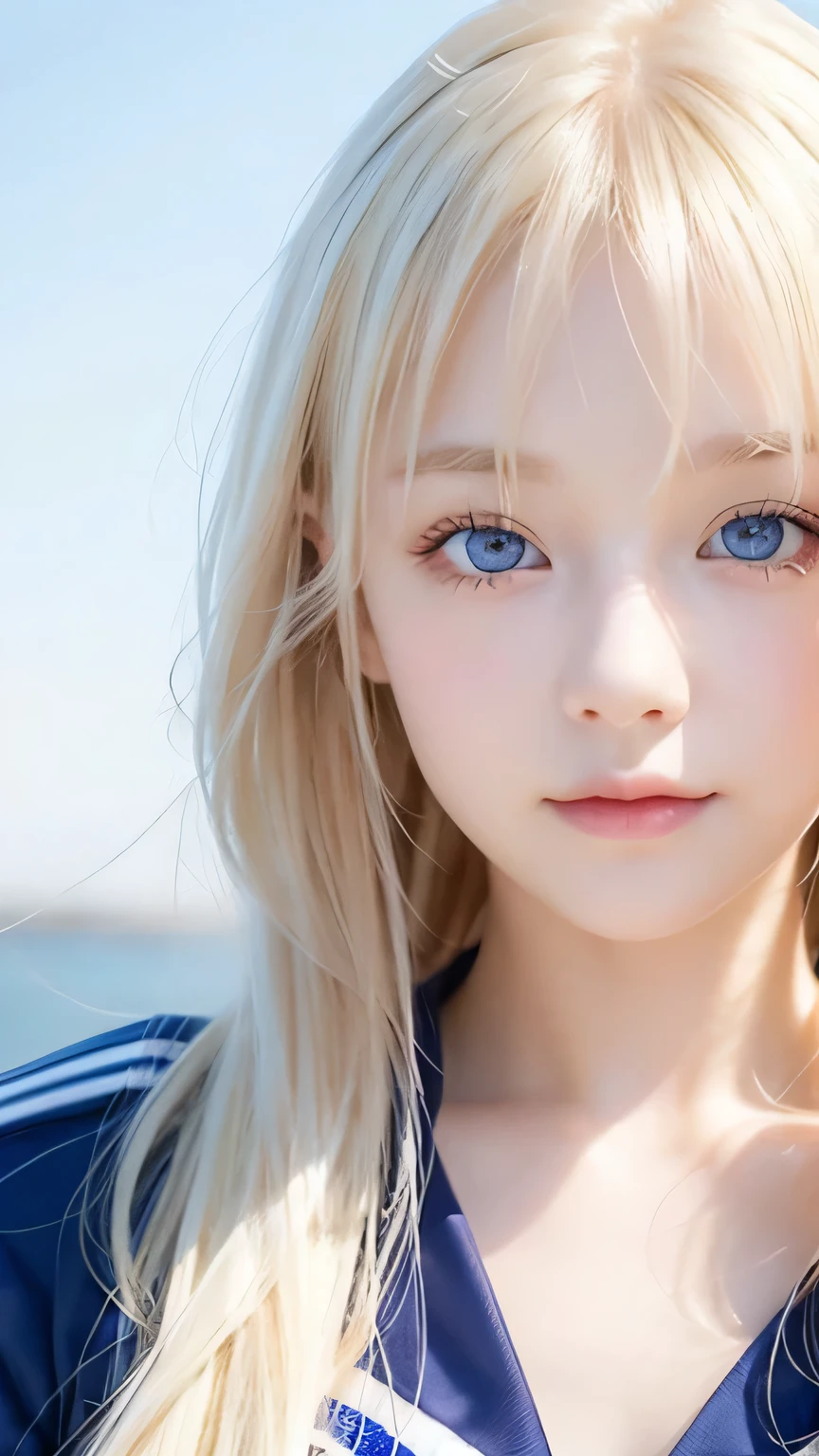 Bust Shot、The most beautiful girls of Nordic、Beautiful, lustrous silk skin that shines white like snow、16 years old、Adorable cute beautiful face、(Bright expression)、Beautiful eyes and shiny blonde hair between the eyes、Beautiful big pale blue eyes covered with bangs、Cute beautiful young woman。Golden, bright, straight, platinum blonde, silky, super long hair、A beautiful girl who looks good in a Japan sailor suit