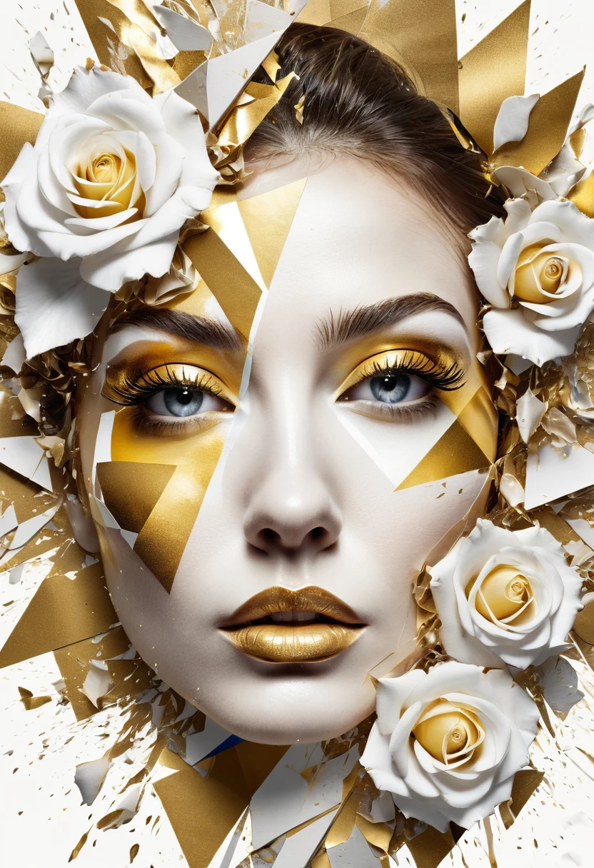 Ultra detailed artistic abstract photography of woman's face (geometrical), golden, white roses, detailed symmetric circular iris, shattered paper fragments, inspired by Alberto Seveso, abstract art style, intricate complex watercolor painting, sharp eyes, digital painting, color explosion, ink drip, mix gold and white colors, Concept art, volumetric lighting, metallic reflections, 8k, concept photography