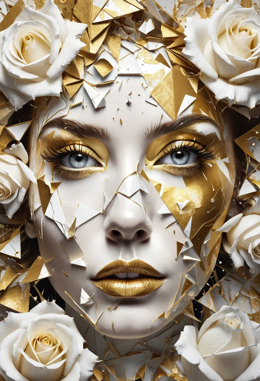 Ultra detailed artistic abstract photography of woman's face (geometrical), golden, white roses, detailed symmetric circular iris, shattered paper fragments, inspired by Alberto Seveso, abstract art style, intricate complex watercolor painting, sharp eyes, digital painting, color explosion, ink drip, mix gold and white colors, Concept art, volumetric lighting, metallic reflections, 8k, concept photography