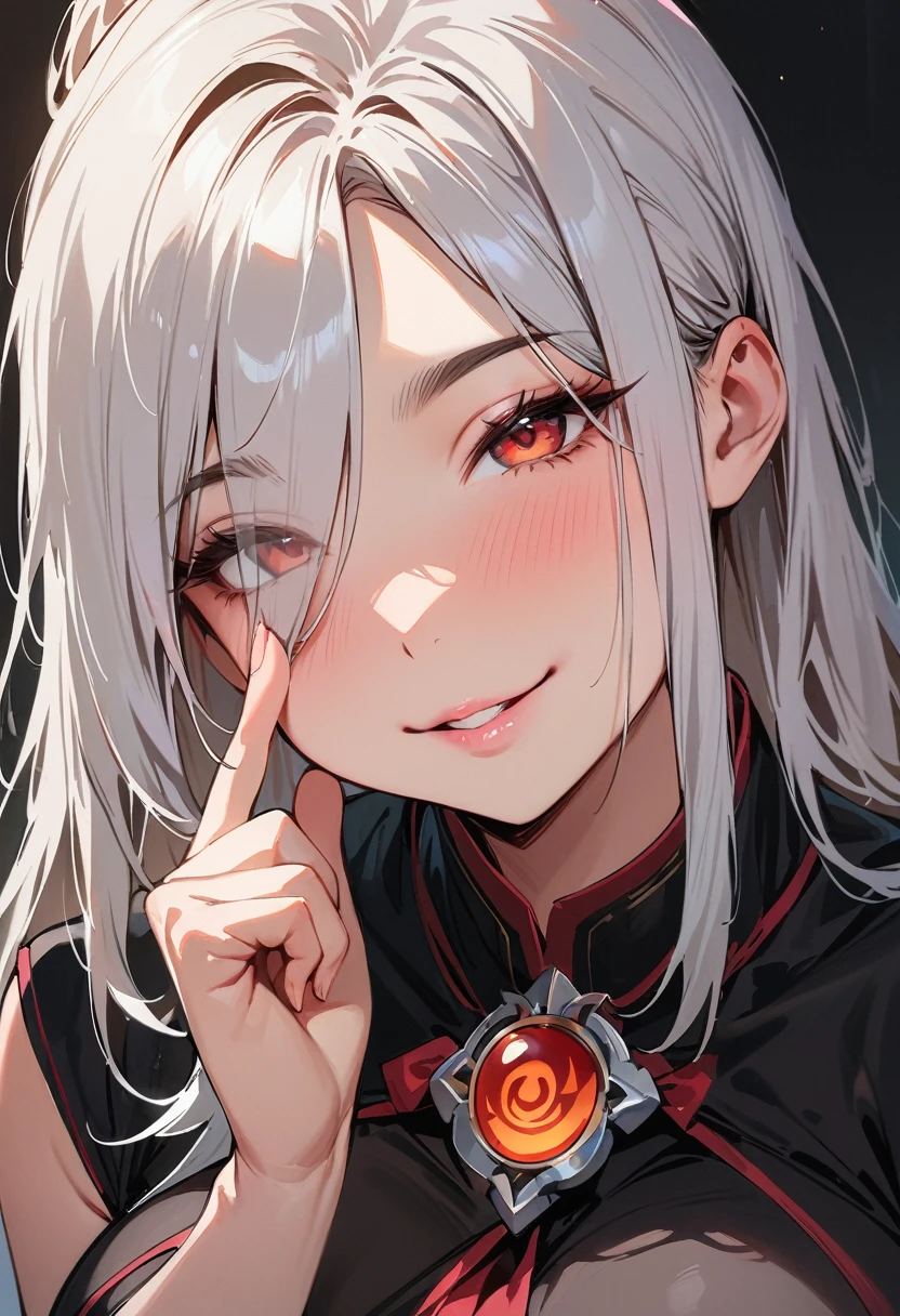 (masterpiece, best quality:1.4), 1 girl, 独奏, Red pupil, Blurred eyes, Smile, Look up and down, Pink lower lip, Left index finger touching face, Silver asymmetrical hairstyle, Long bangs on one side, High ponytail royal sister, Huge breasts, Black dress dress, Vision, black background.