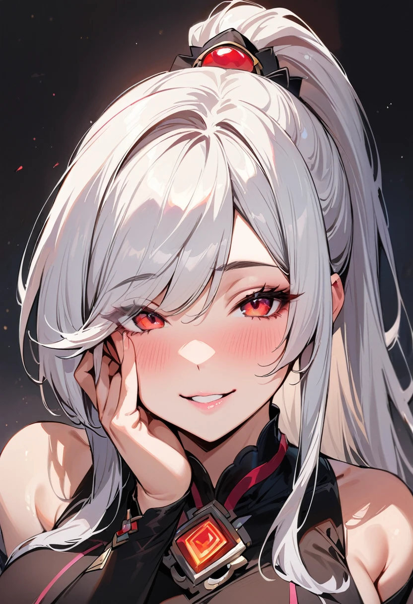 (masterpiece, best quality:1.4), 1 girl, 独奏, Red pupil, Blurred eyes, Smile, Look up and down, Pink lower lip, Left index finger touching face, Silver asymmetrical hairstyle, Long bangs on one side, High ponytail royal sister, Huge breasts, Black dress dress, Vision, black background.