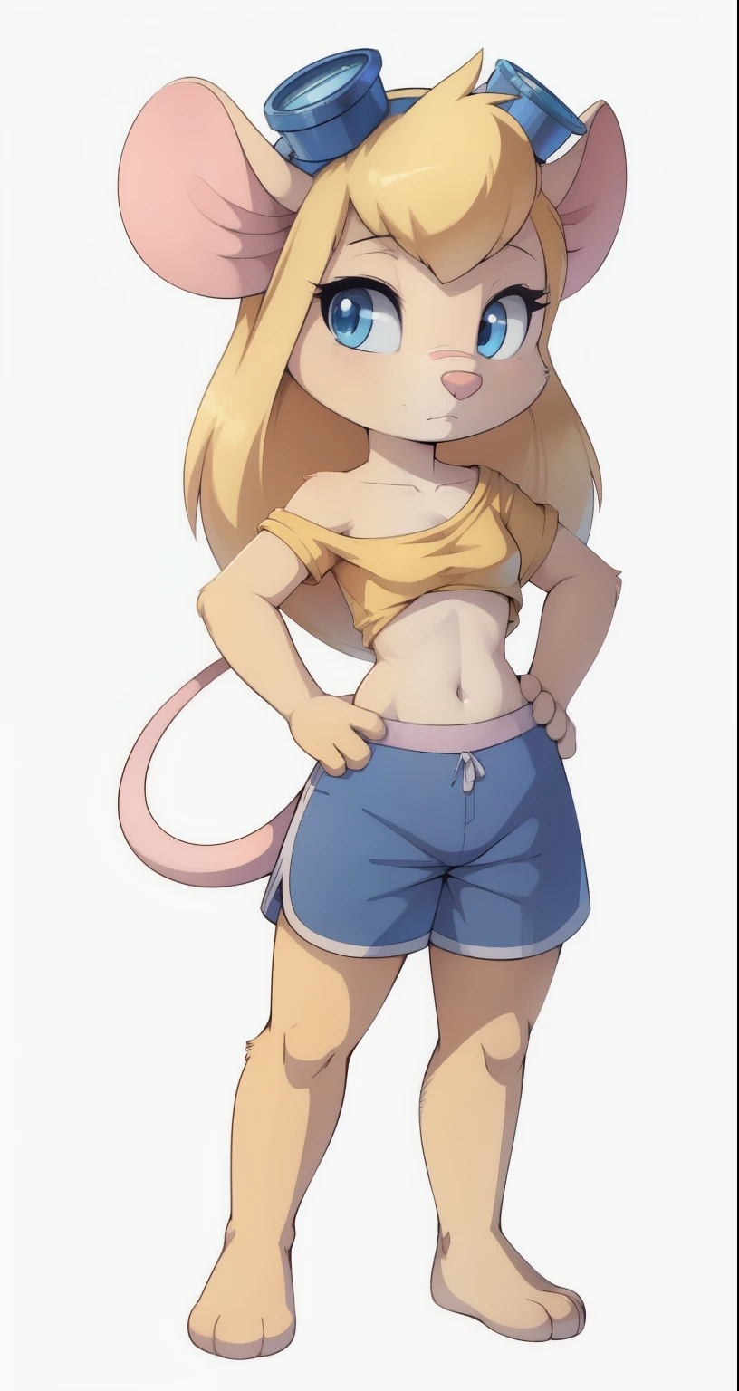 Heroine Very muscular woman body builder body of a professional fighter athletic great physical attributes tanned brown skin she has sun marks from her bra and thong panties in Vê, She is blonde with long hair with a single red fringe and has two long braids and cat ears., It has eyes of two different colors, the left one is pool blue and has a pool blue sclera, the right one is yellow and has a yellow sclera, both eyes have a cat&#39;s pupil, She is wearing very typical Brazilian clothing, a women&#39;s tank top, denim shorts and flip-flops.. Artstyle Vtuber 