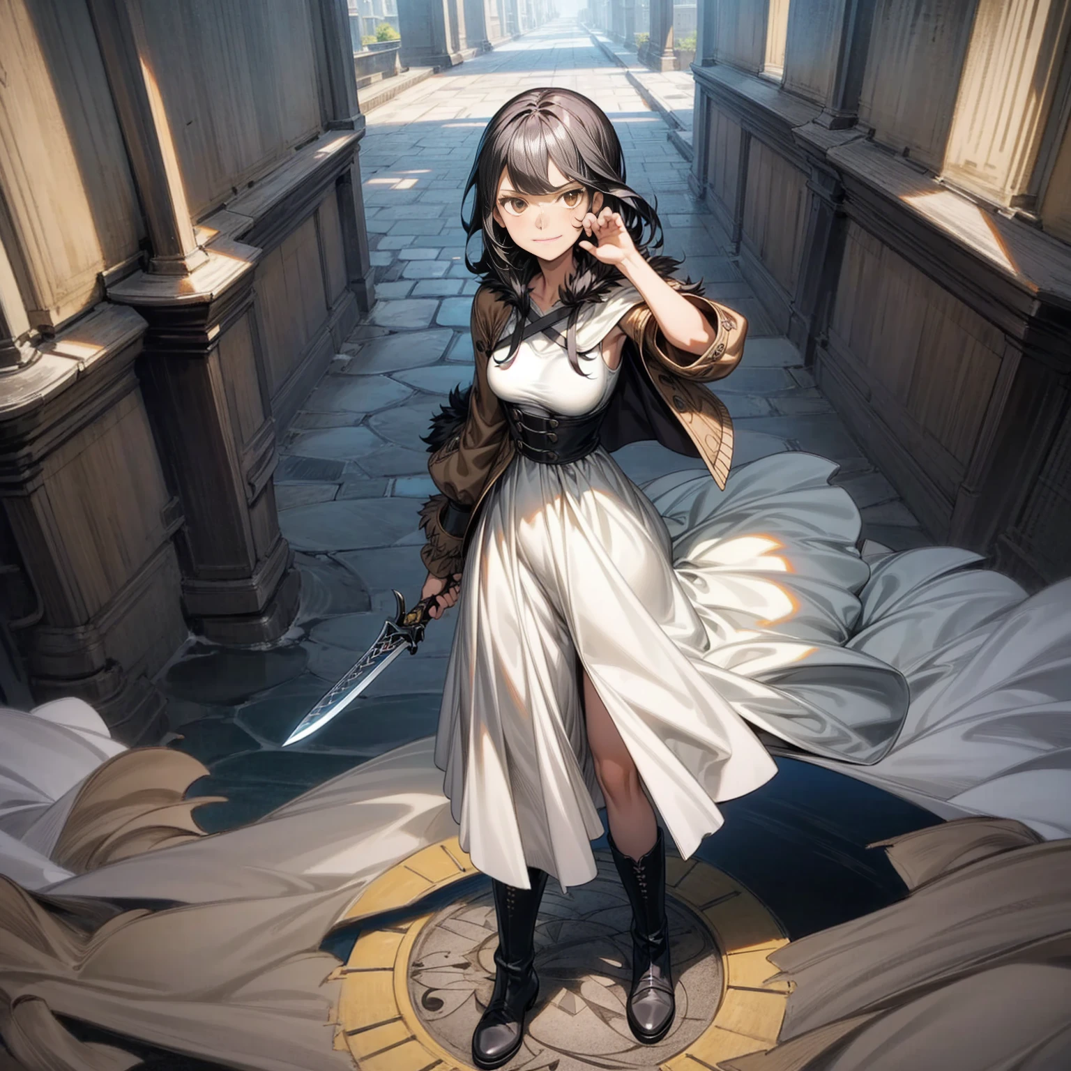 Solo character, full body version, girl, shoulder length hair, black color hair, brown eyes, Brown fur jacket clothing, white long dress, small boots, bandage, detailed shadow, (black clover style art), sky blue, town, knife in hand, standing guard gesture, sad eyes, smile mouth, Big breasts 