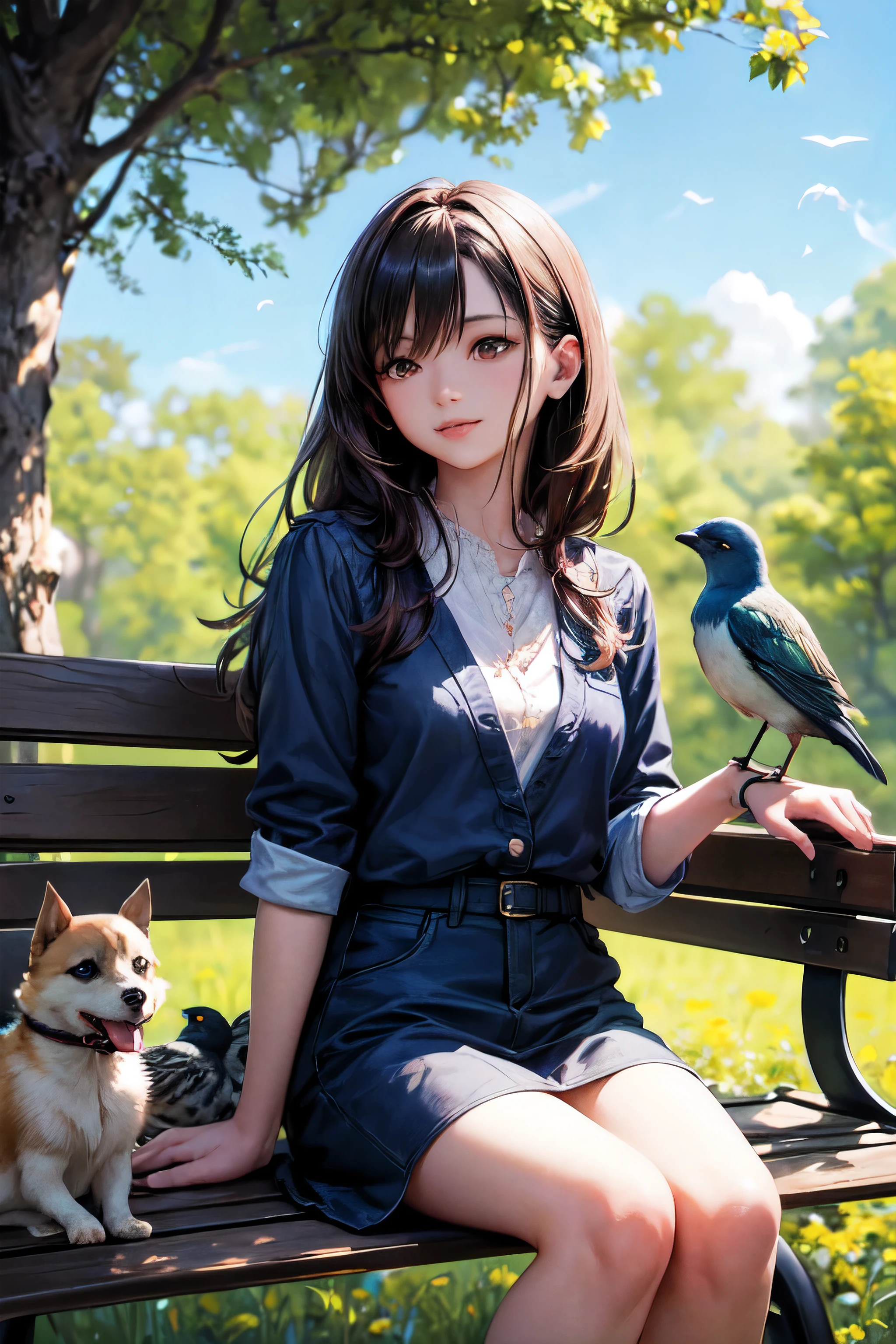 A young woman sitting on a park bench, surrounded by lush greenery with blooming flowers and a clear blue sky. A small dog is sitting beside her, and a few birds are flying in the background (Ultra realistic, high detail, natural lighting, vibrant colors, dynamic composition). Best quality: 1.3, high resolution, artistic photography, 300 dpi.