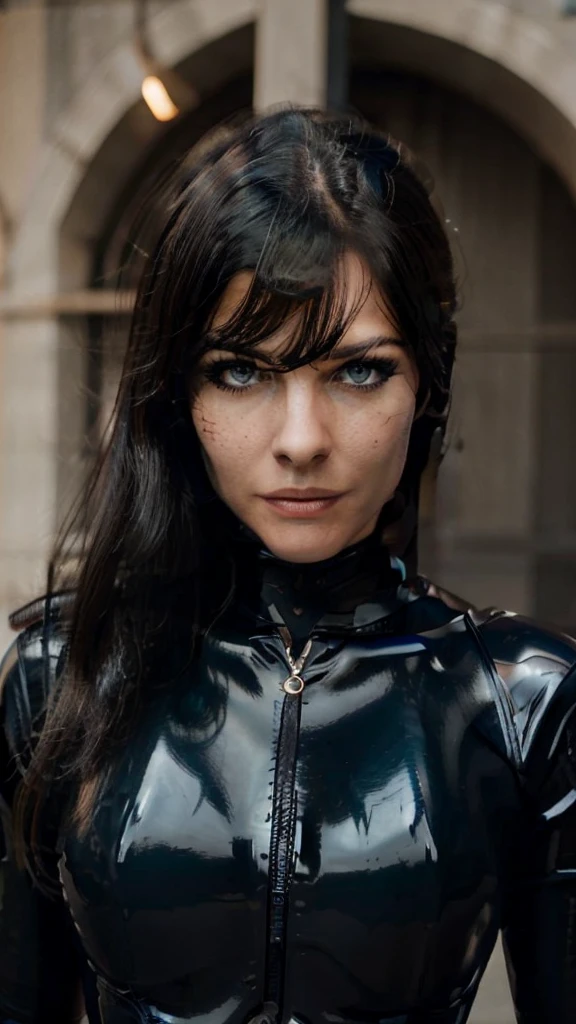 a photo of Esmée,as black latex superhero,wearing a black latex suit,blue eyes,wearing large black latex coat,close up face portrait,having no hair,no lipstick ,85 mm,wearing no sunglasses,looking damn smart