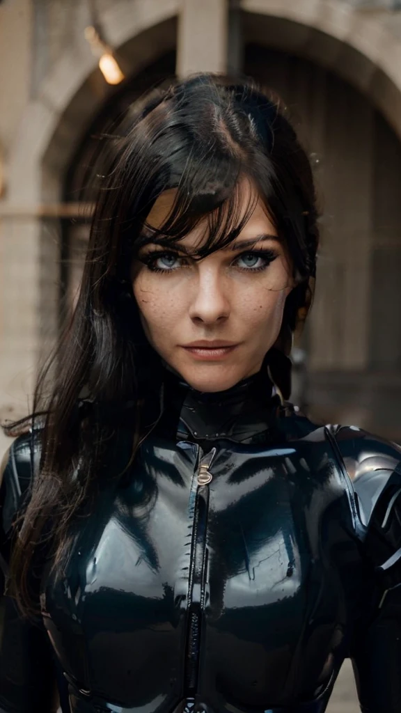 a photo of Esmée,as black latex superhero,wearing a black latex suit,blue eyes,wearing large black latex coat,close up face portrait,having no hair,no lipstick ,85 mm,wearing no sunglasses,looking damn smart