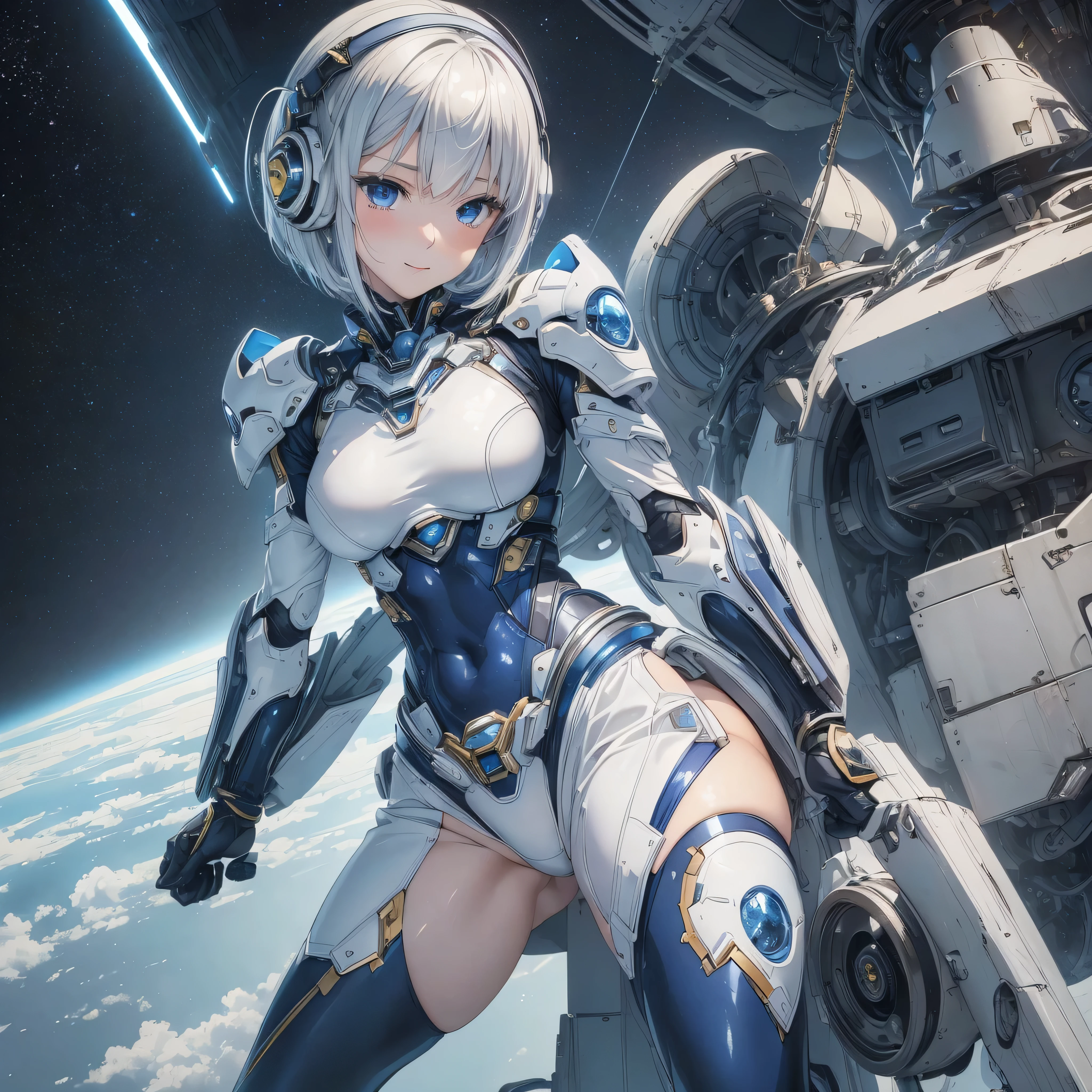 (masterpiece、Highest quality、Highest Resolution、Clear_image、Detailed details): (Whole body、One 20 year old girl、Japanese Faces、Small Face、Slender、Navy blue super short bob cut hair、(Hidden small breasts:1.3)、Sparkling blue eyes、Shiny pilot suit in white, blue and black colors、Chest protection armor、Tight fitting clothes、Clothing that covers the whole body、Glamorous clothes、Tight Fit Pants、Hide your skin、Very delicate and beautiful、Detailed Skin、hide thighs、Hide your ass、Cute、A gentle smile、Soft expression、heroine、headset、Knee-high boots、Elbow-length gloves、Eye Level Shot、Peace talks between warring factions,attention arousal, smart blue eyes,Face directly、Woman on a spaceship)