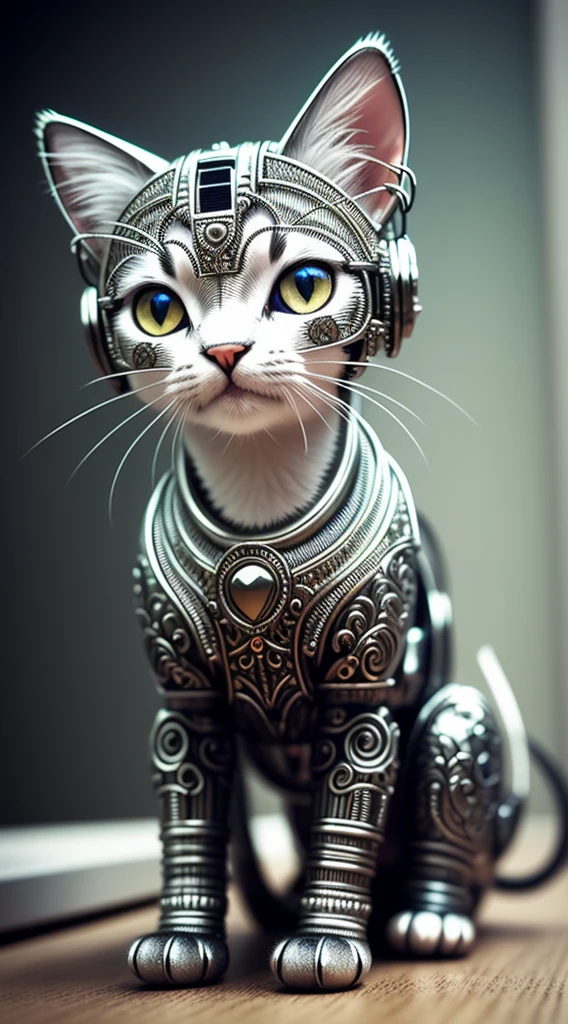 a cute kitten made out of metal, (cyborg:1.1), ([tail | detailed wire]:1.3), (intricate details), hdr, (intricate details, hyperdetailed:1.2), cinematic shot, Vignette, centered