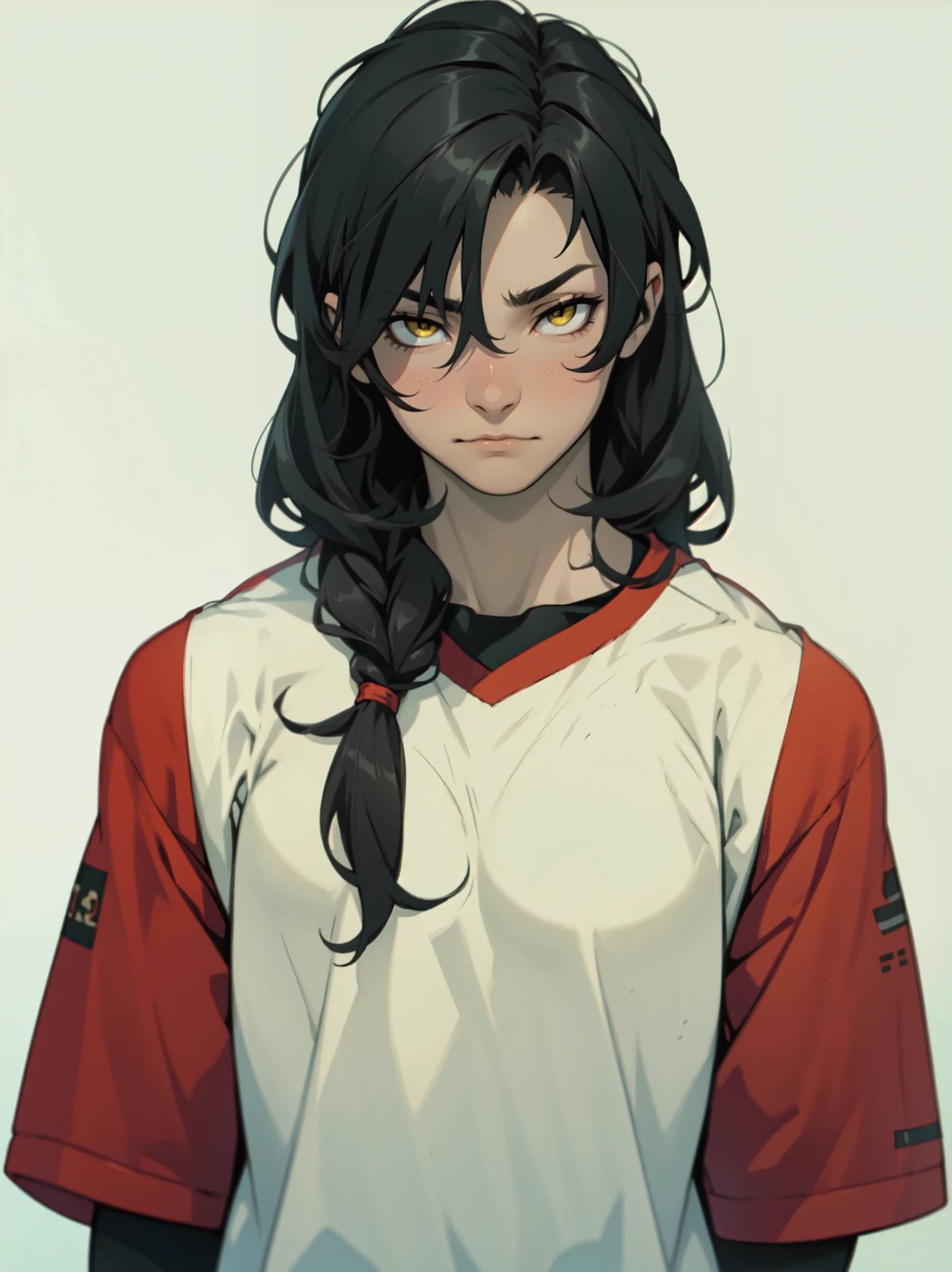 empty eyes embarrassed girl black hair yellow eyes pale skin muscular girl feminine 