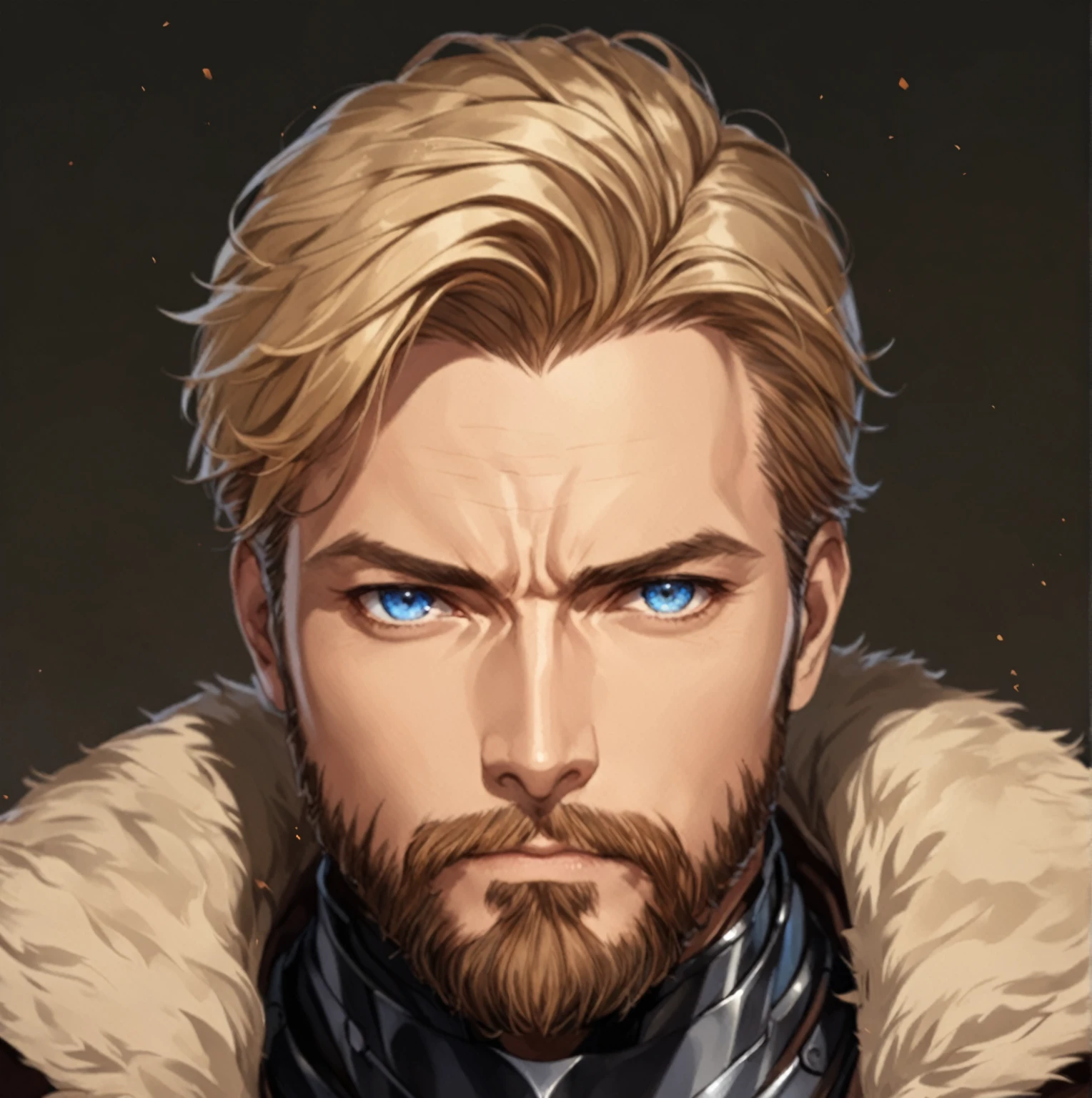 masterpiece, best quality, good quality, Highly detailed, shadowverse style, male, adult, facial hair, age 40s, blue eyes, blonde hair, short hair. armored, fantasy aesthetic, overcoat, adult, silver armored greaves, silver armored gauntlet, bang one side hair, overcoat, brown clothes, anime style