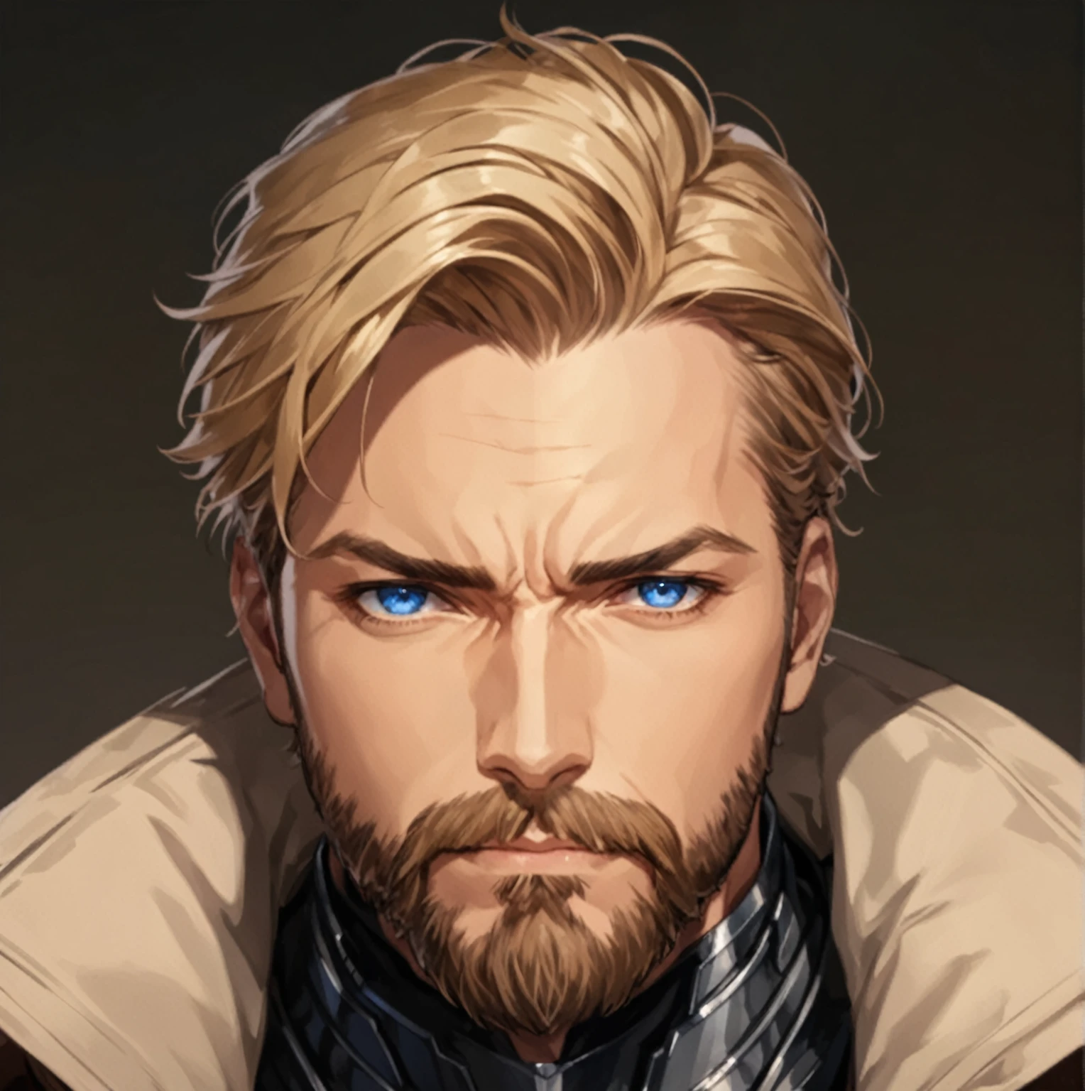 masterpiece, best quality, good quality, Highly detailed, shadowverse style, male, adult, facial hair, age 40s, blue eyes, blonde hair, short hair. armored, fantasy aesthetic, overcoat, adult, silver armored greaves, silver armored gauntlet, bang one side hair, overcoat, brown clothes, anime style