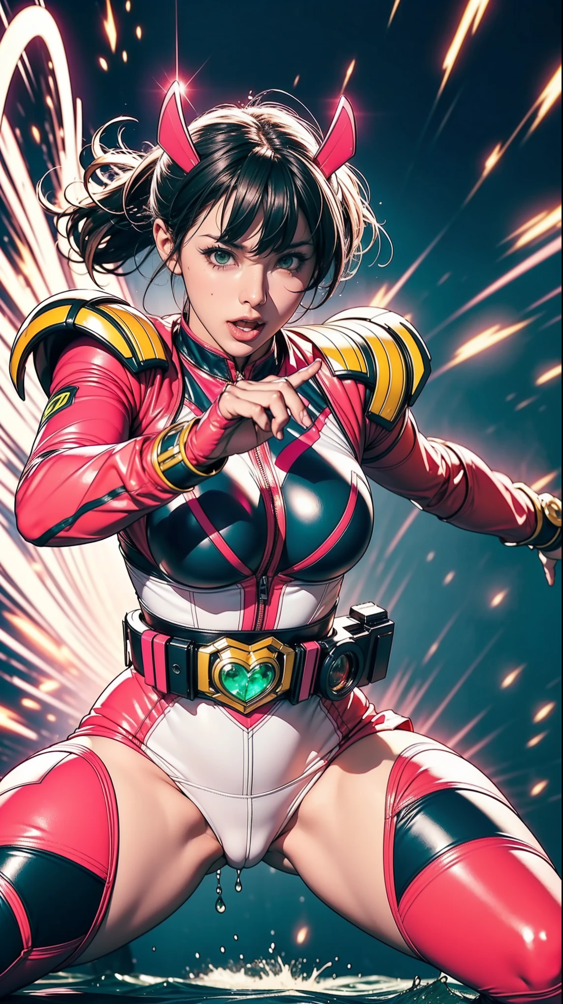 good better hand, Solo, A brave and courageous image of a 6 member ranger team, Each one is decorated in vibrant colors such as:: ((Pink)), red is front of center, violet, Green, yellow, blue black, white,. Heart motif belt, Dynamic poses in a background that exudes energy and courage, neon, fire, plasma, Fluorescent, shocking, pink big bomber, splashing pink, running, fighting pose, action pose, Embodying the essence of the classic Sentai superhero team. Each Ranger:: The attire is sophisticated and modern, Each color has elements that reflect its theme., Ready for action. ((Camel Toe)), weapons, in sunset background , in cinematic lighting, cover art mixed cinema poster style,