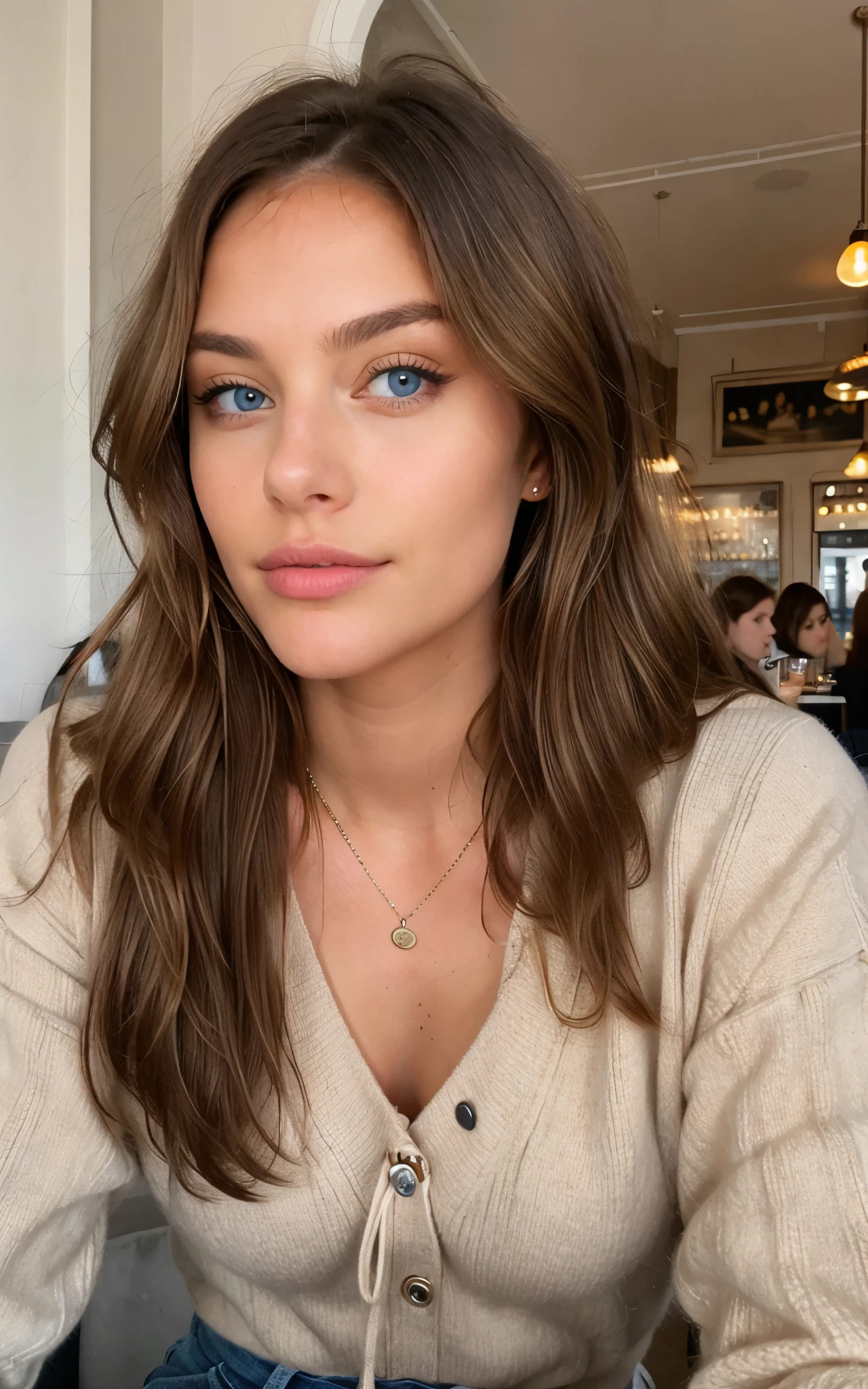 Belle brune aux reflets blonds portant un pull beige (in a cafe drinking soda), very detailed, 22 ans, visage innocent, natural wavy hair, blue eye, high resolution, Boss of'Oeuvre d'art, best quality, intricate details, very detailed, sharpness, detailed skin, texture de peau realistic, texture, detailed eyes, professionnel, 4K, charming smile, shot in Canon, 85mm, shallow depth of field, Couleurs Kodak Vision, corps parfaitement ajusté, extremely detailed, photograph her_\(ultra\), Fotorrealistic, realistic, après le traitement, maximum details, roughness, real life, Ultra realistic, photorealism, la photographie, 8k, ah, la photographie