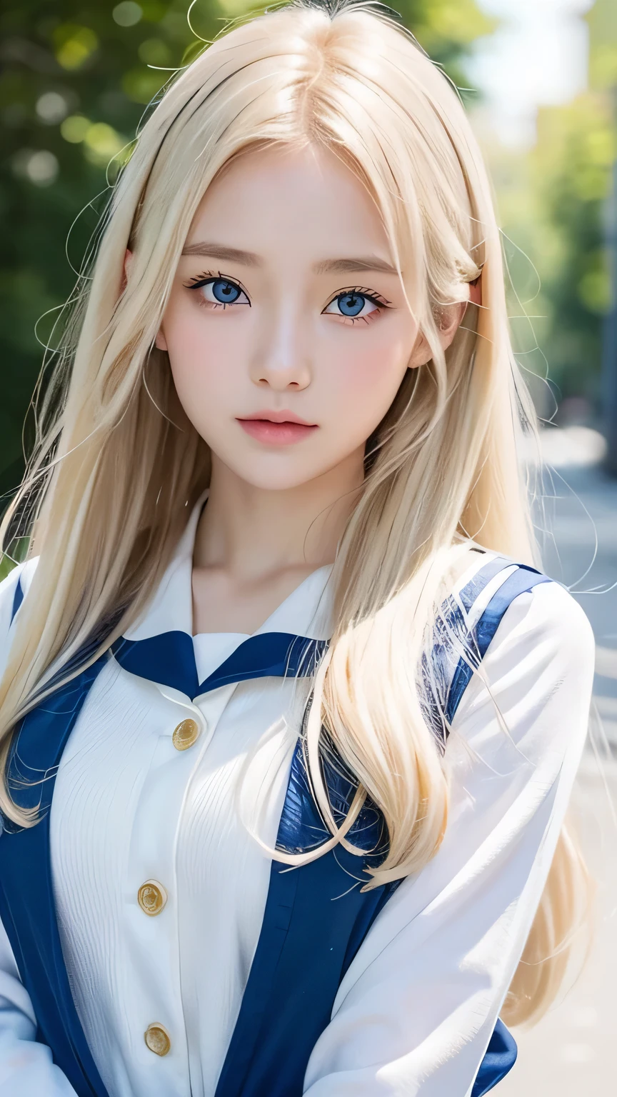 Bust Shot、The most beautiful girls of Nordic、Beautiful, lustrous silk skin that shines white like snow、16 years old、Adorable cute beautiful face、(Bright expression)、Beautiful eyes and shiny blonde hair between the eyes、Beautiful big pale blue eyes covered with bangs、Cute beautiful young woman。Golden, bright, straight, platinum blonde, silky, super long hair、A beautiful girl who looks good in a Japan sailor suit