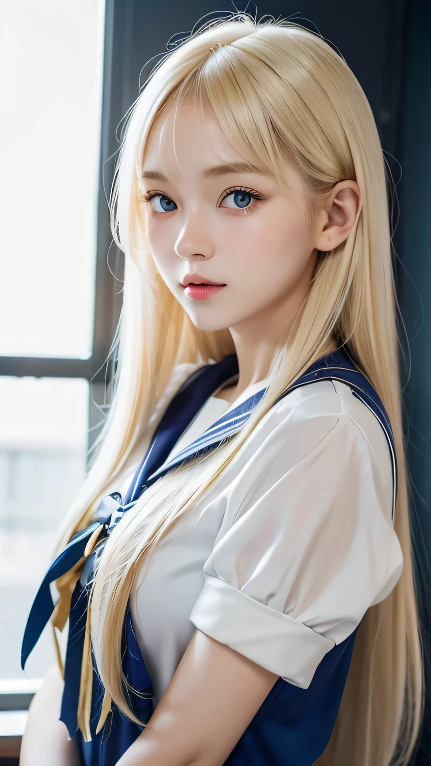 Bust Shot、The most beautiful girls of Nordic、Beautiful, lustrous silk skin that shines white like snow、、Adorable cute beautiful face、(Bright expression)、Beautiful eyes and shiny blonde hair between the eyes、Beautiful big pale blue eyes covered with bangs、Cute beautiful young woman。Golden, bright, straight, platinum blonde, silky, super long hair、A beautiful girl who looks good in a Japan sailor suit